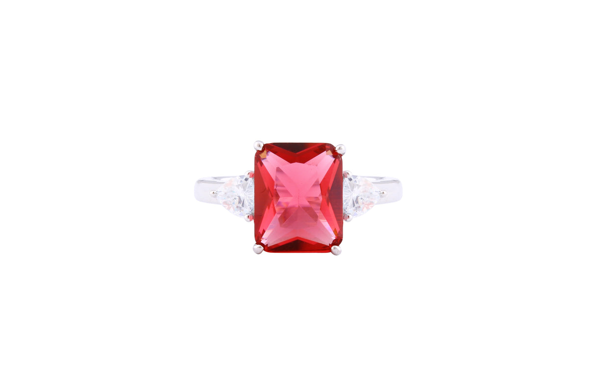 Asfour Crystal Three Stone Ring With Ruby Emerald Cut Zircon In 925 Sterling Silver-RD0143-R-7