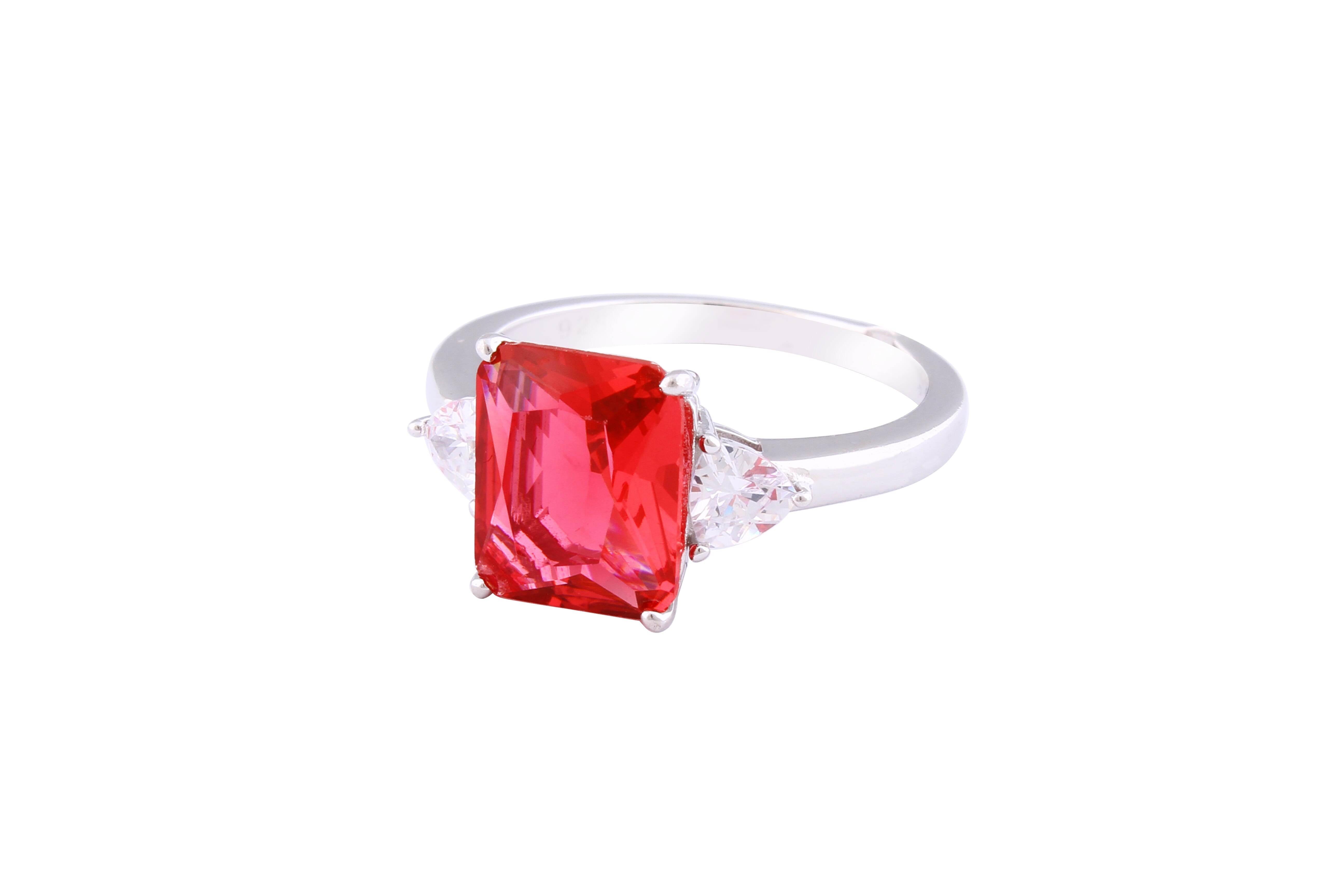 Asfour Crystal Three Stone Ring With Ruby Emerald Cut Zircon In 925 Sterling Silver-RD0143-R-7