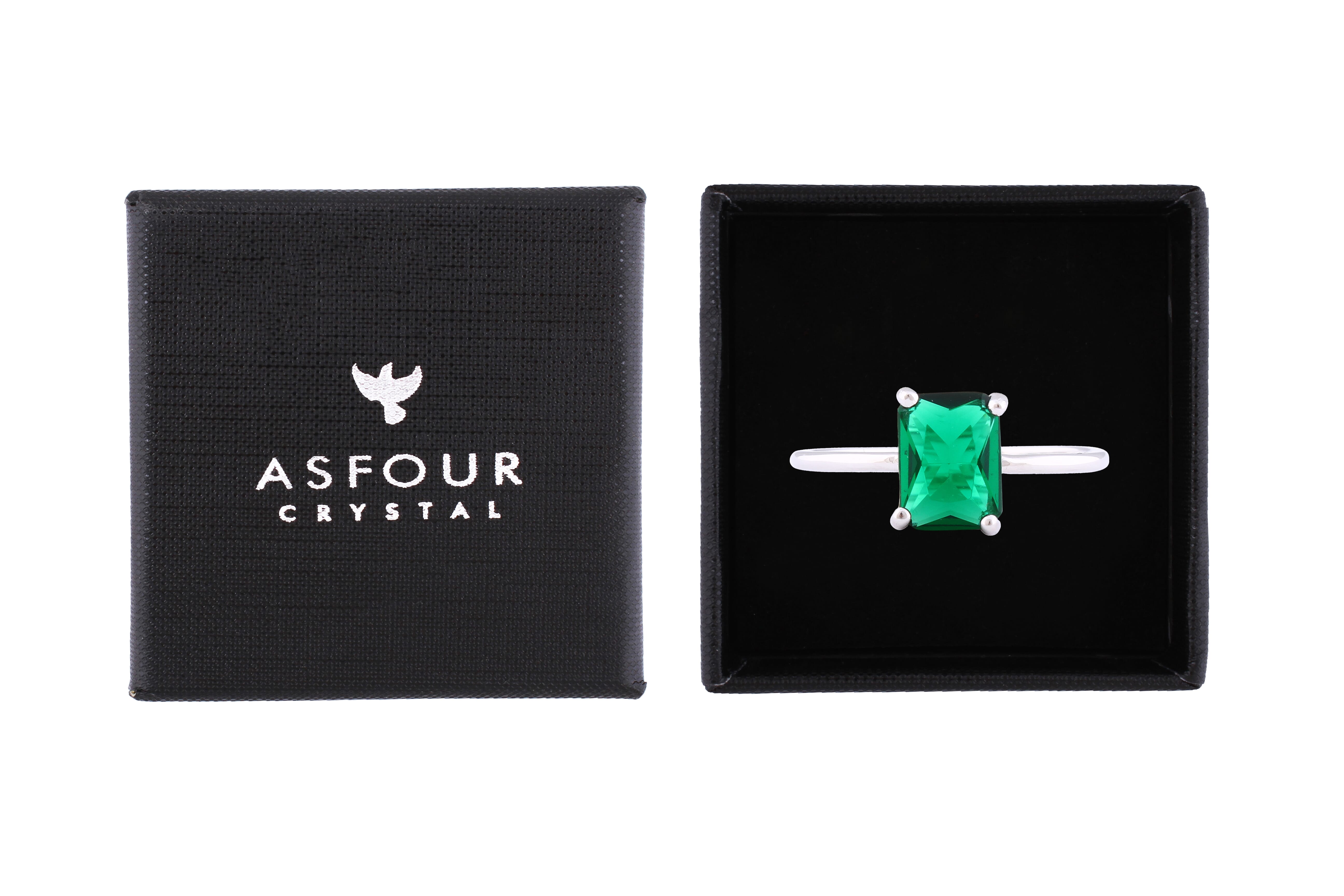 Asfour Crystal Drew Ring With Emerald Zircon Stone In 925 Sterling Silver-RD0145-G-7