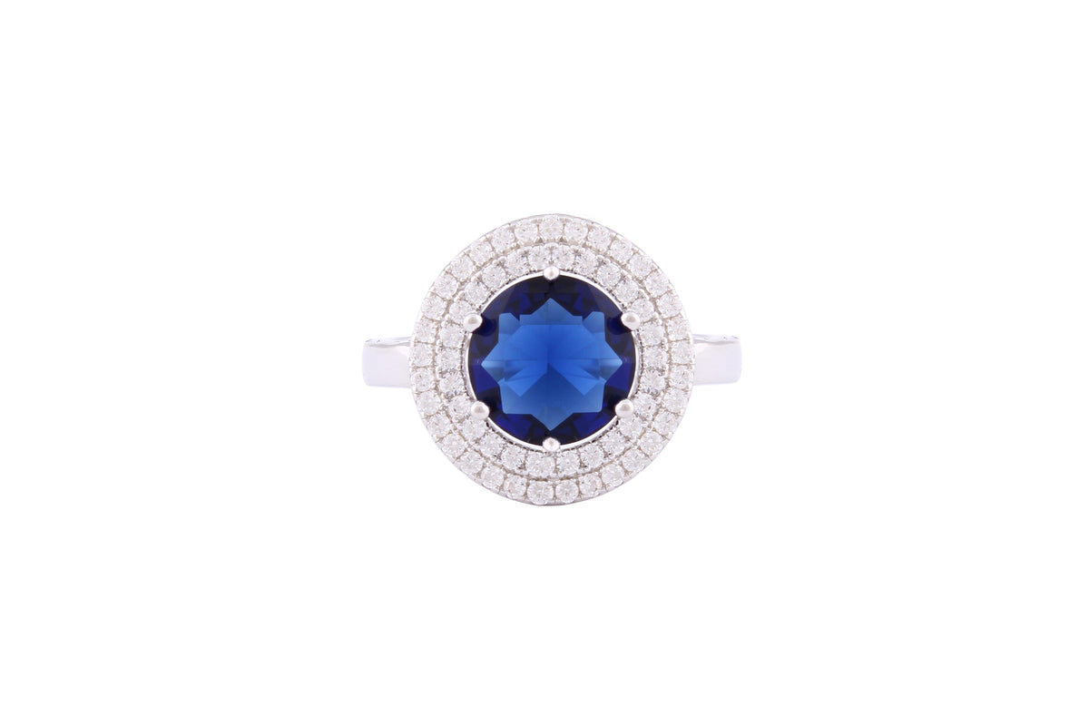 Asfour Crystal Halo Ring With Round Blue Zircon Stone In 925 Sterling Silver-RD0146-B-8