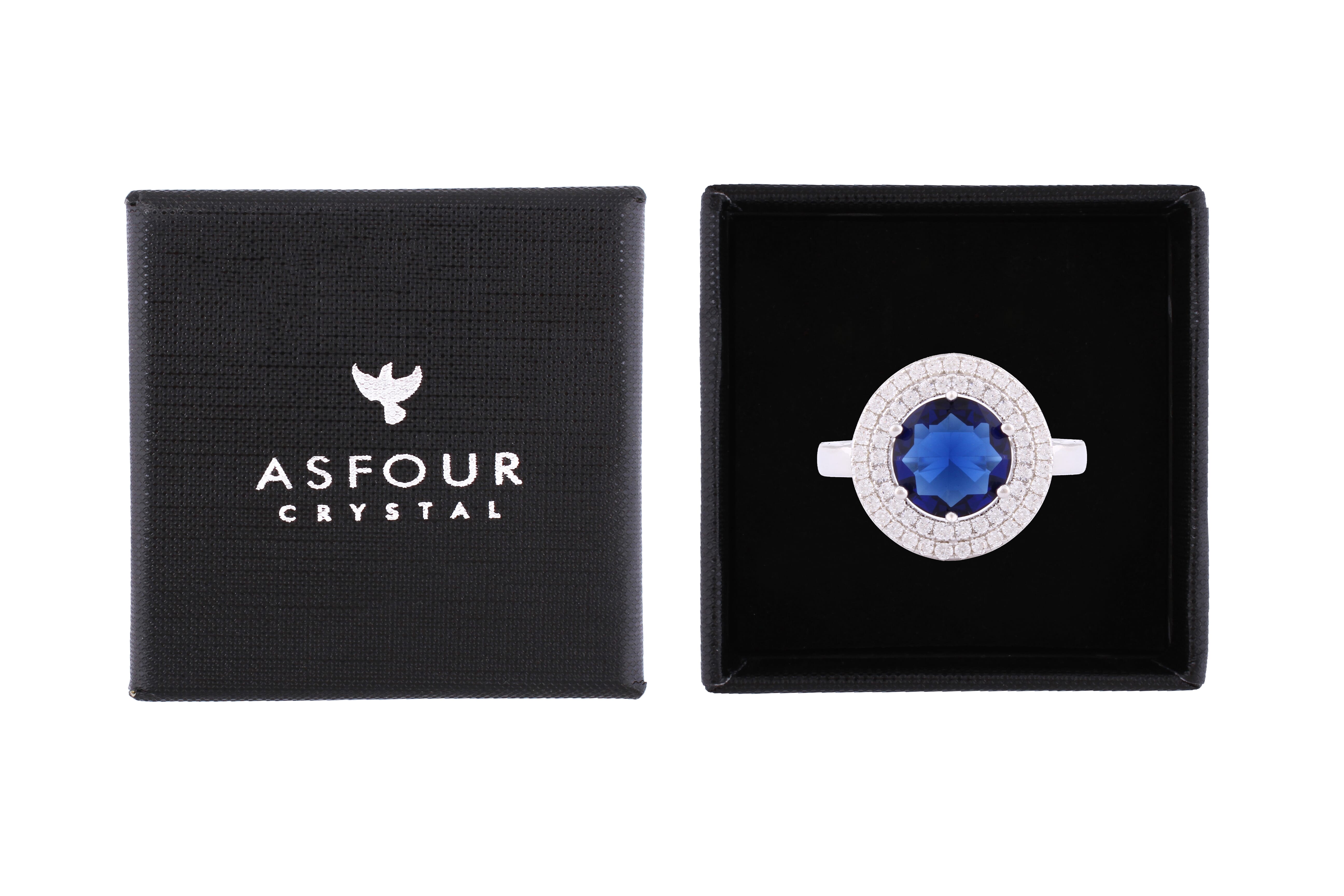 Asfour Crystal Halo Ring With Round Blue Zircon Stone In 925 Sterling Silver-RD0146-B-8