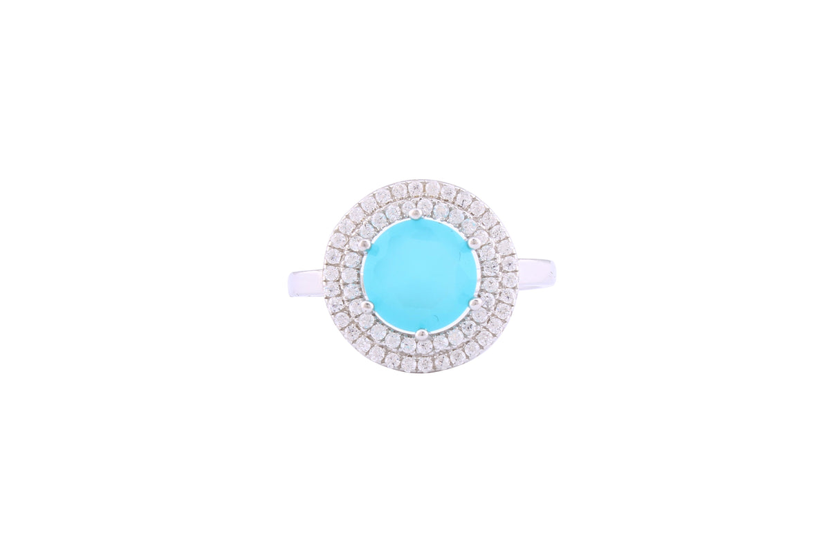 Asfour Crystal Halo Ring With Aquamarine Round Zircon Stone In 925 Sterling Silver-RD0146-MM-7