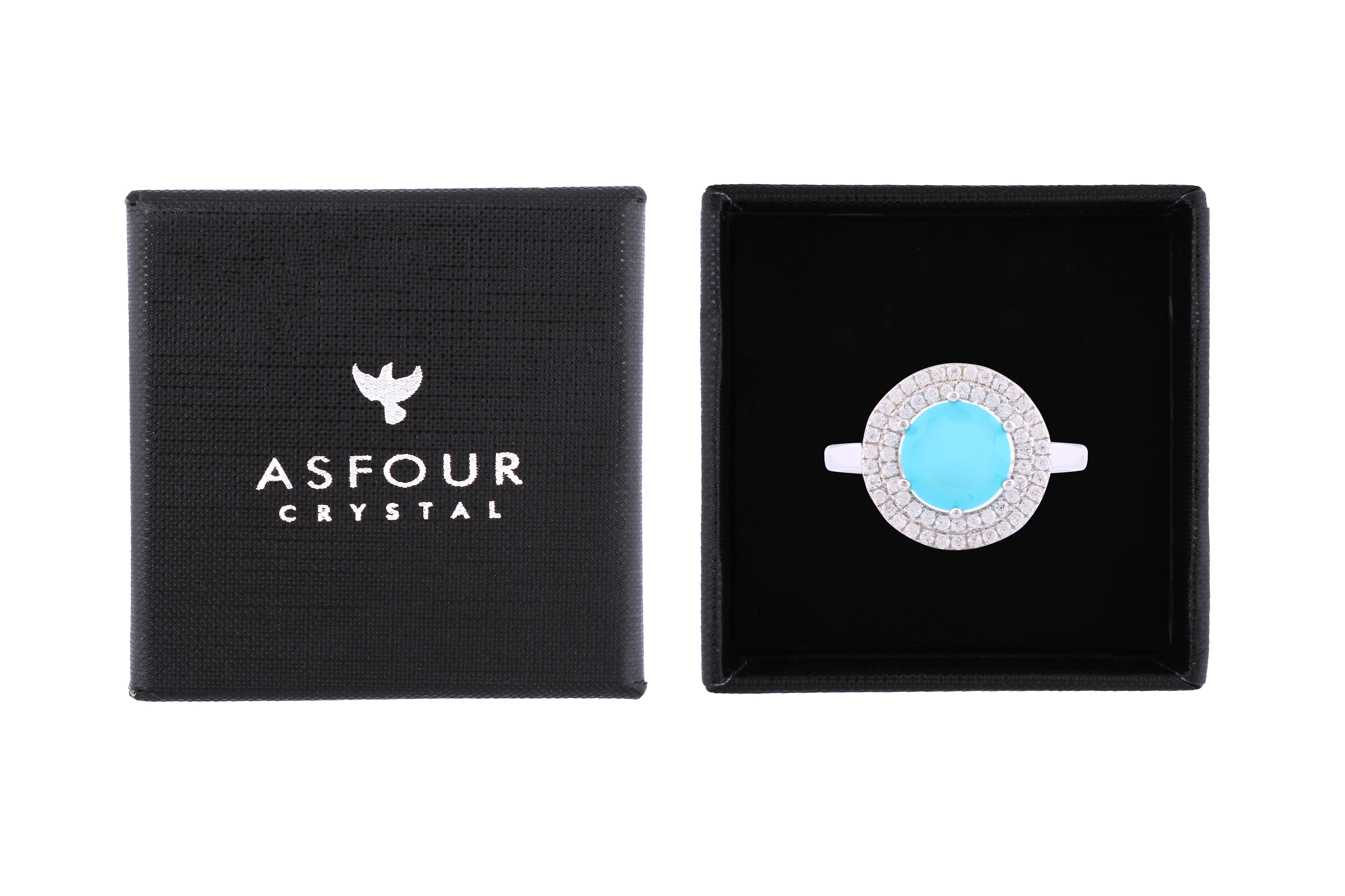 Asfour Crystal Halo Ring With Aquamarine Round Zircon Stone In 925 Sterling Silver-RD0146-MM-7