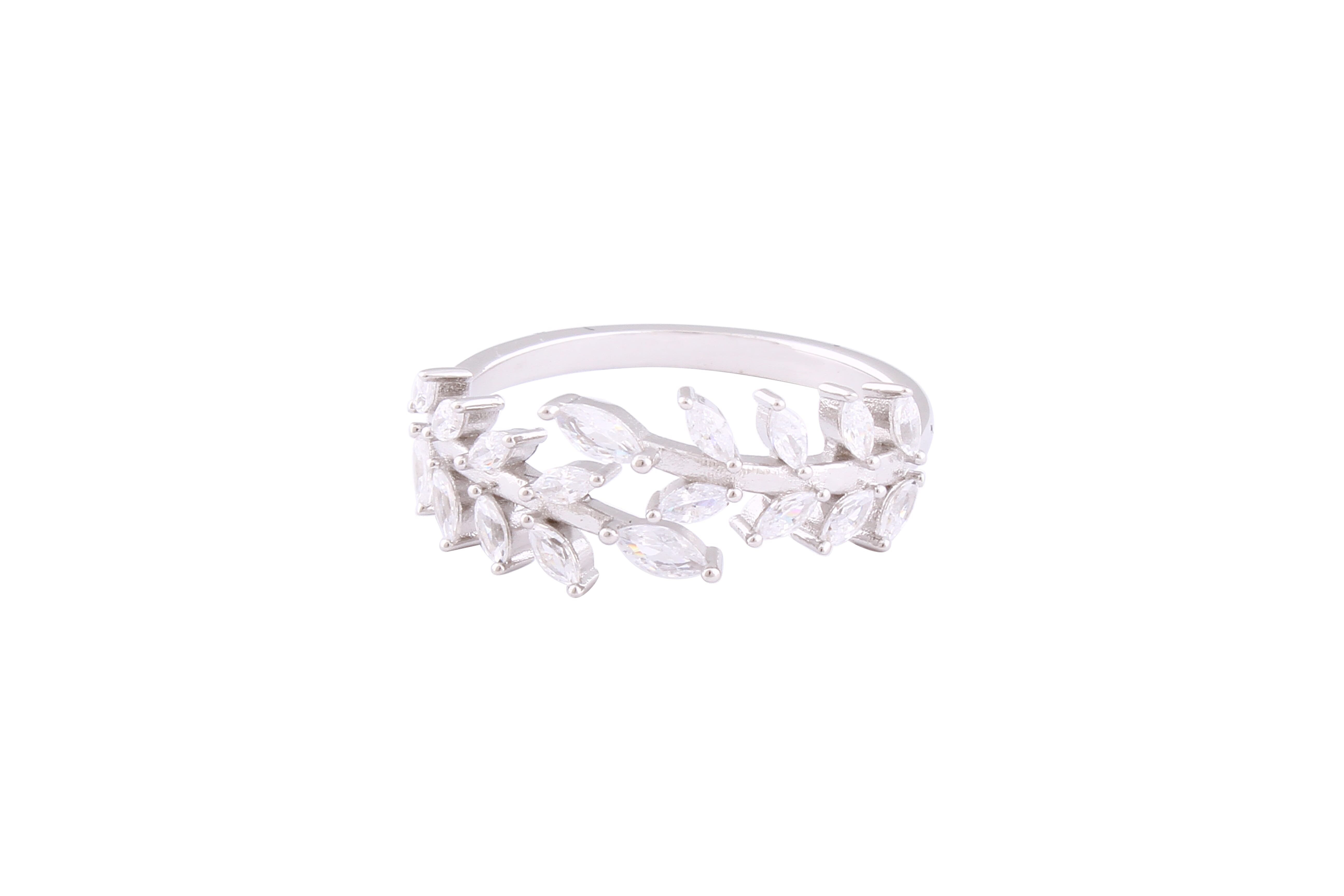 Asfour Crystal Cuff Ring With Leaf Design In 925 Sterling Silver-RD0150