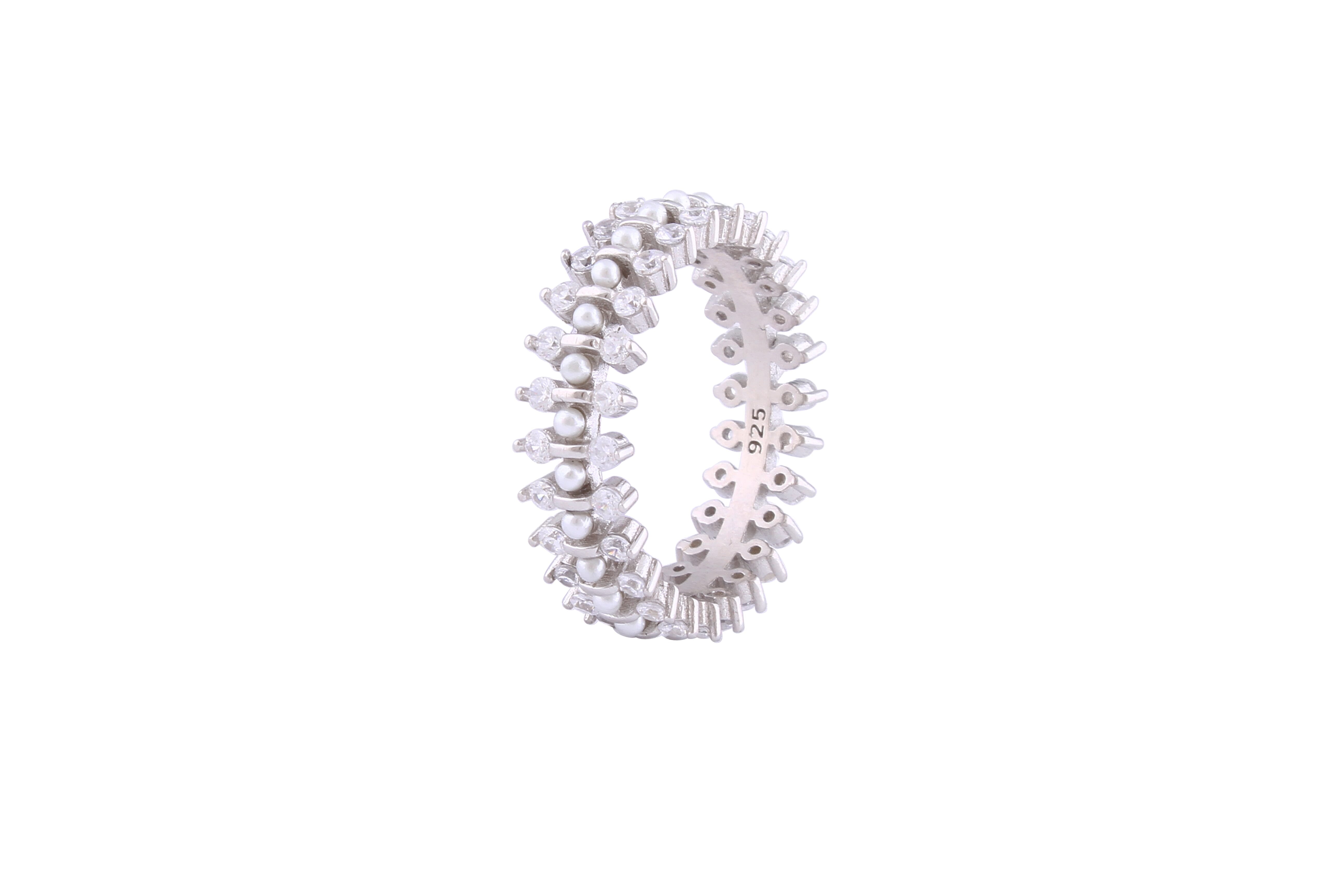 Asfour Crystal Band Ring With Round Pearls & Zircon Stones In 925 Sterling Silver-RD0151-7