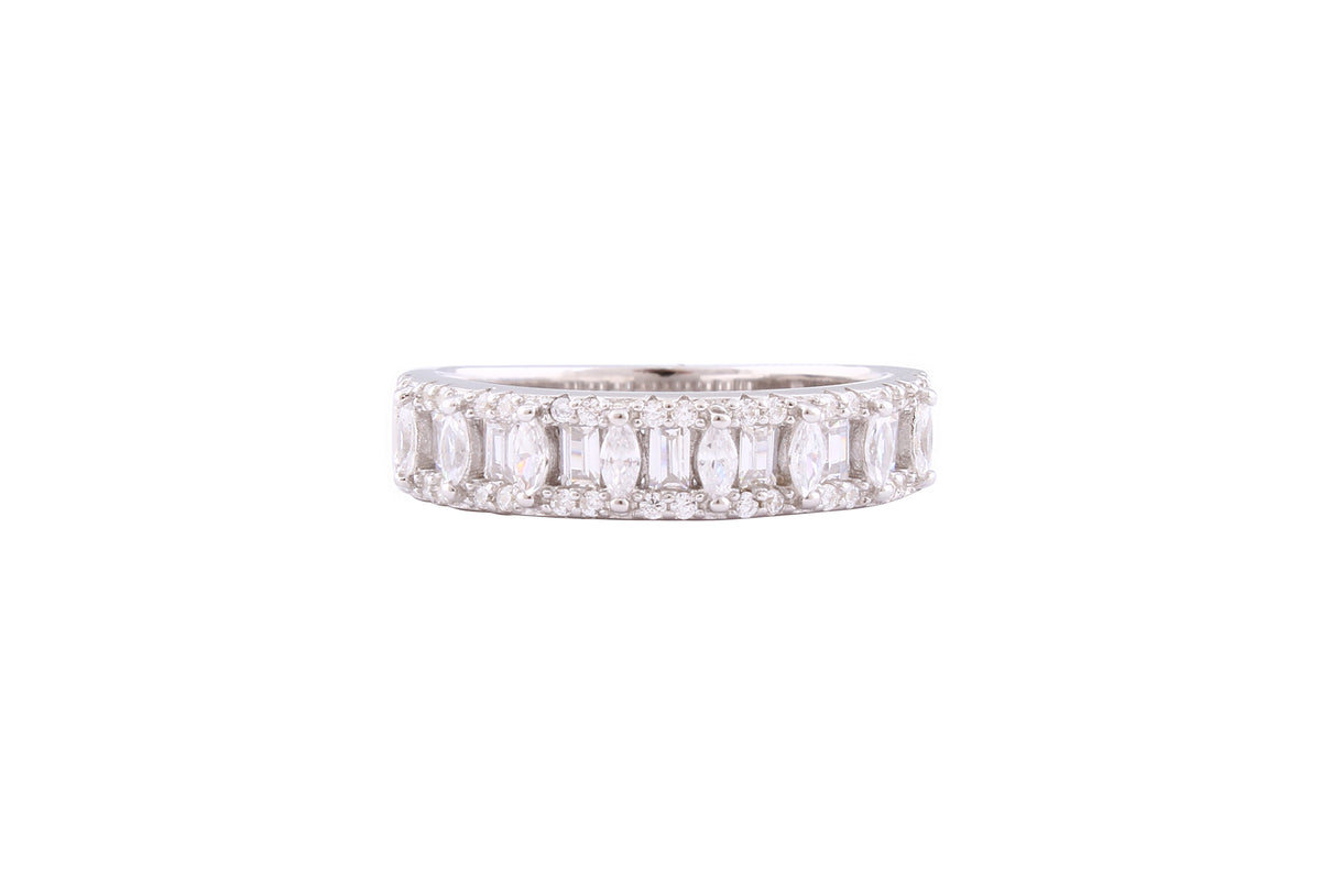 Asfour Crystal Band Ring With Baguette & Marquise Zircon Stones In 925 Sterling Silver-RD0155-7