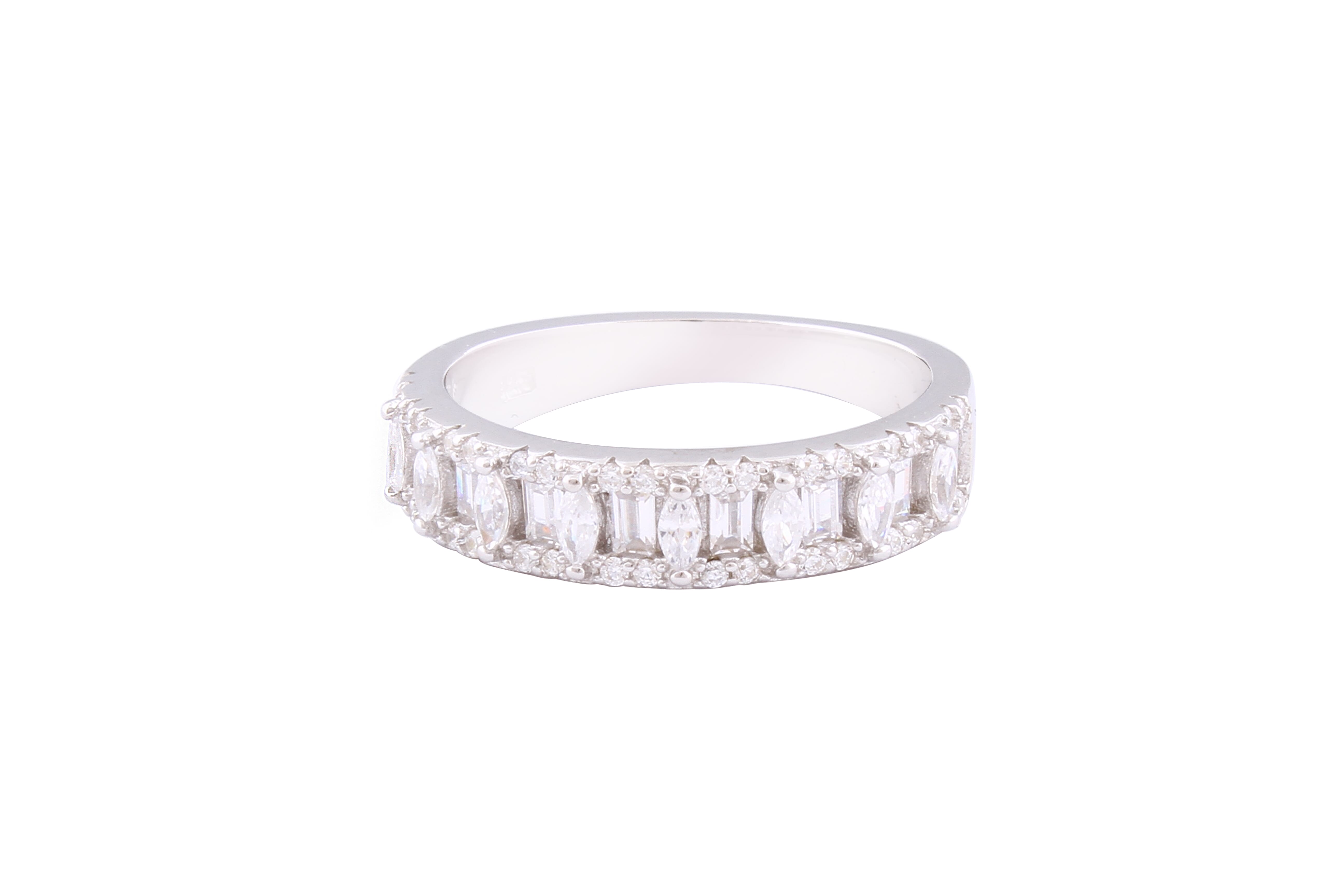 Asfour Crystal Band Ring With Baguette & Marquise Zircon Stones In 925 Sterling Silver-RD0155-7