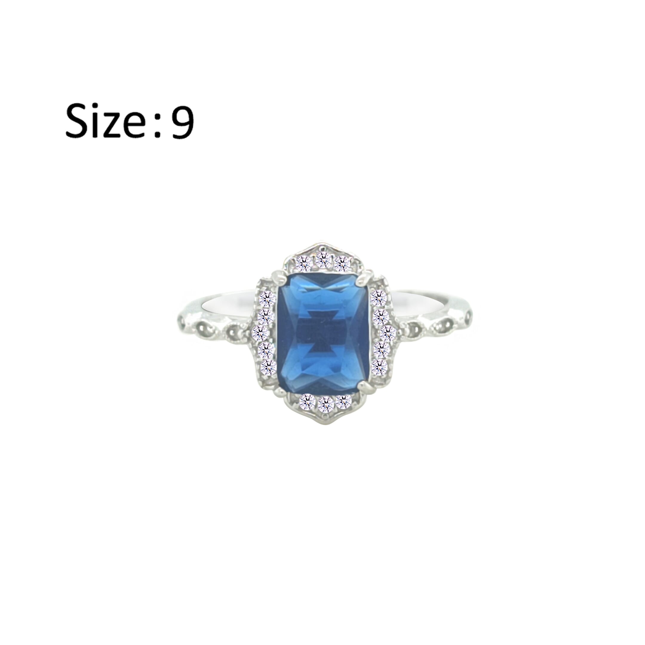 Asfour Crystal Drew Ring With Blue Emerald Design In 925 Sterling Silver-RD0186-B-9