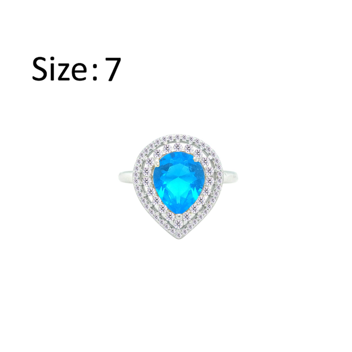 Asfour Crystal Drew Ring With Halo Aquamarine Pear Design In 925 Sterling Silver-RD0204-WM-7