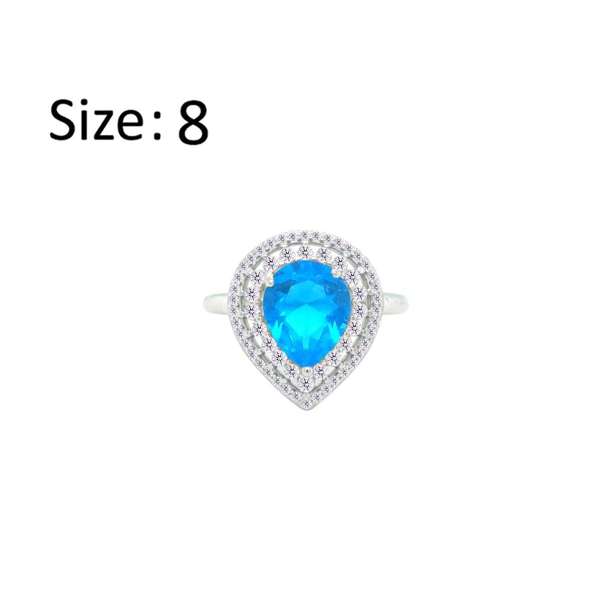 Asfour Crystal Drew Ring With Halo Aquamarine Pear Design In 925 Sterling Silver-RD0204-WM-8
