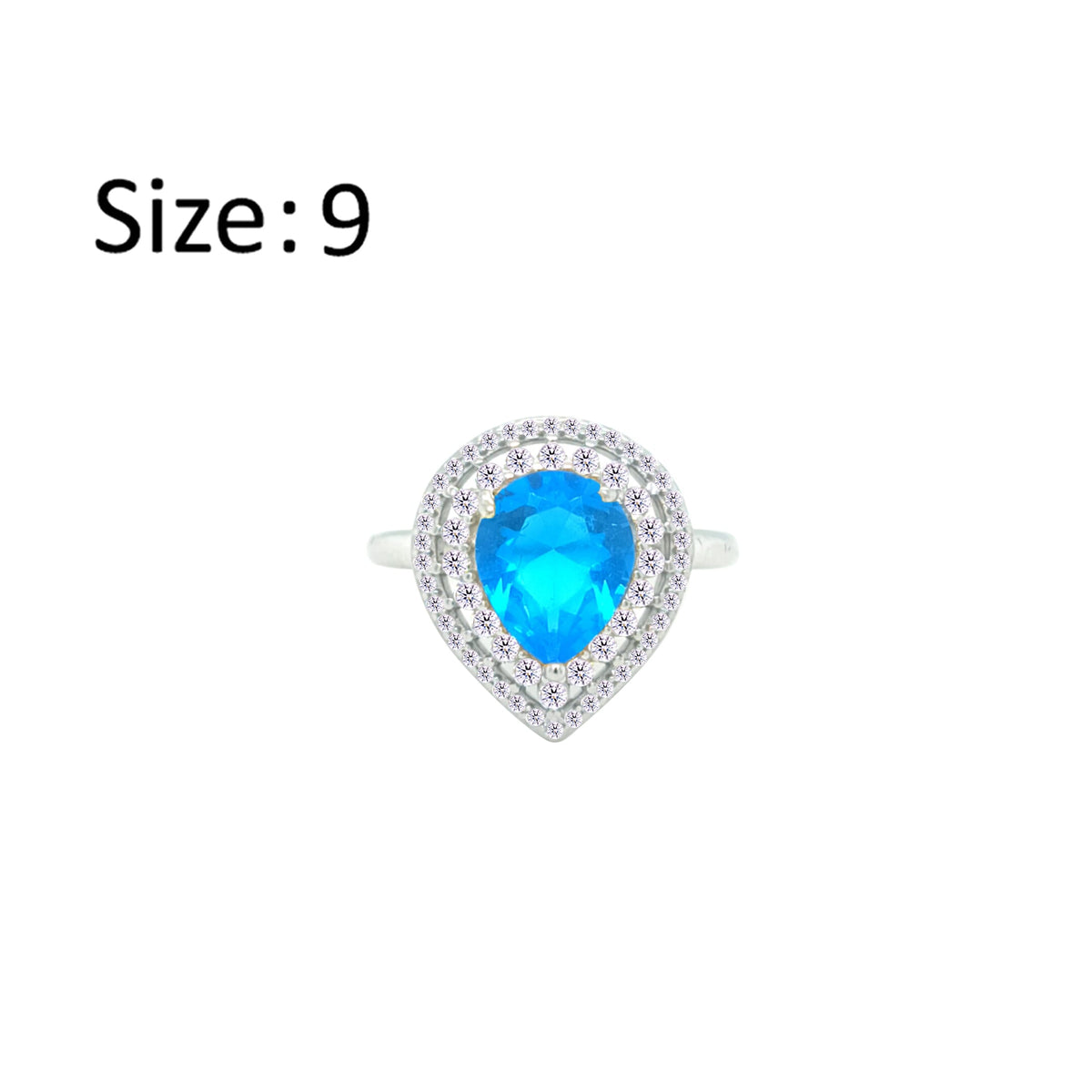 Asfour Crystal Drew Ring With Halo Aquamarine Pear Design In 925 Sterling Silver-RD0204-WM-9