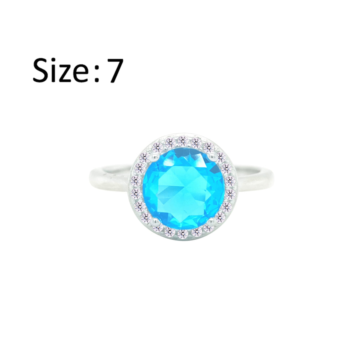 Asfour Crystal Drew Ring With Halo Aquamarine Round Design In 925 Sterling Silver-RD0205-M-7