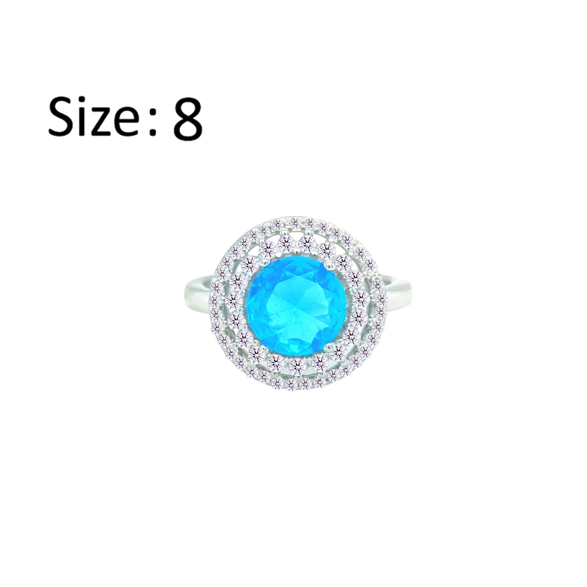 Asfour Crystal Drew Ring With Halo Aquamarine Round Design In 925 Sterling Silver-RD0206-WM-8
