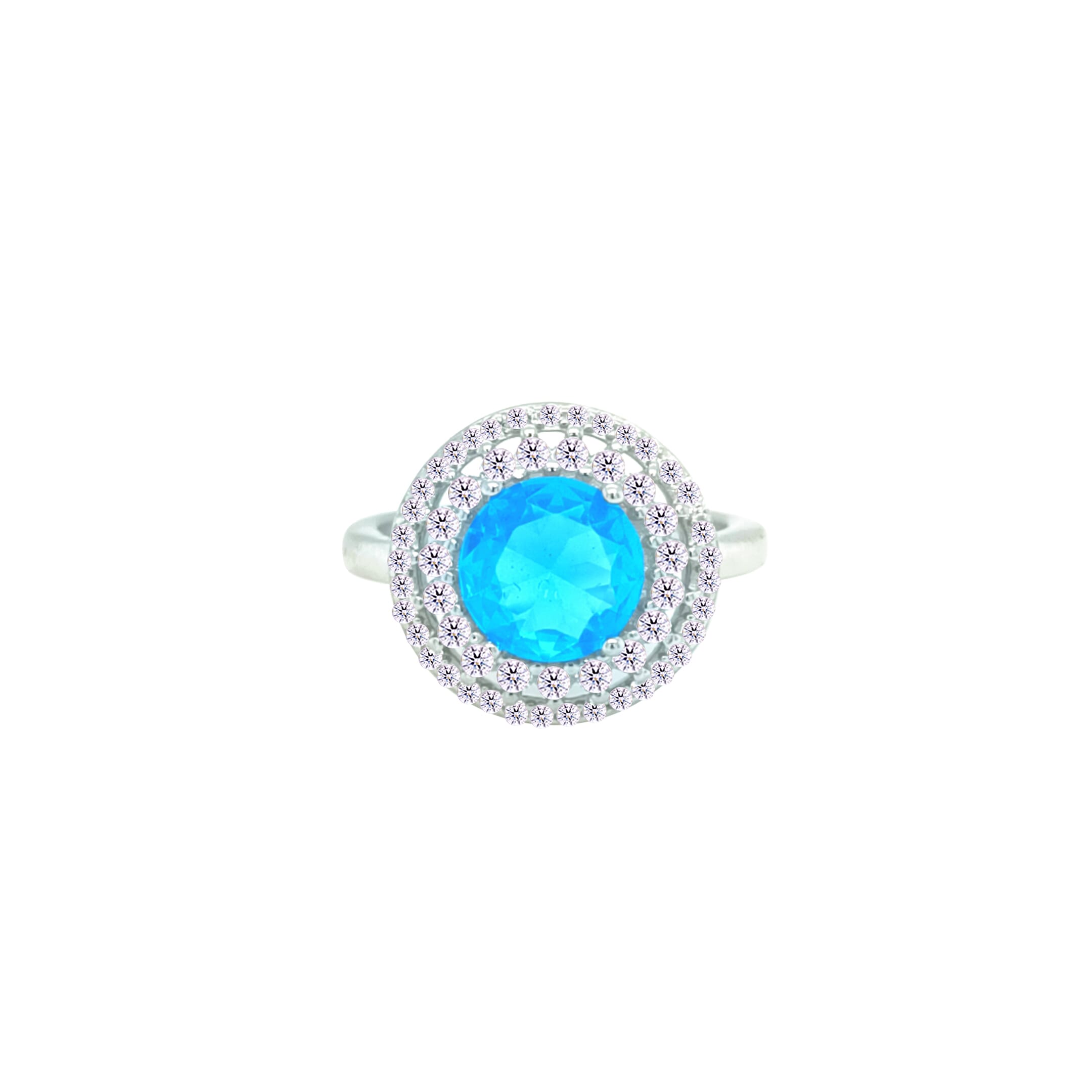 Asfour Crystal Drew Ring With Halo Aquamarine Round Design In 925 Sterling Silver-RD0206-WM-8