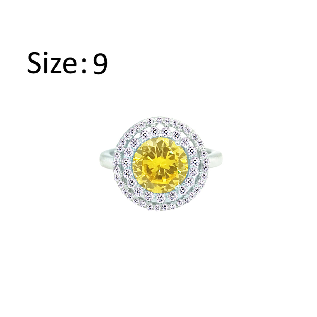 Asfour Crystal Drew Ring With Halo Yellow Round Design In 925 Sterling Silver-RD0206-WY-9
