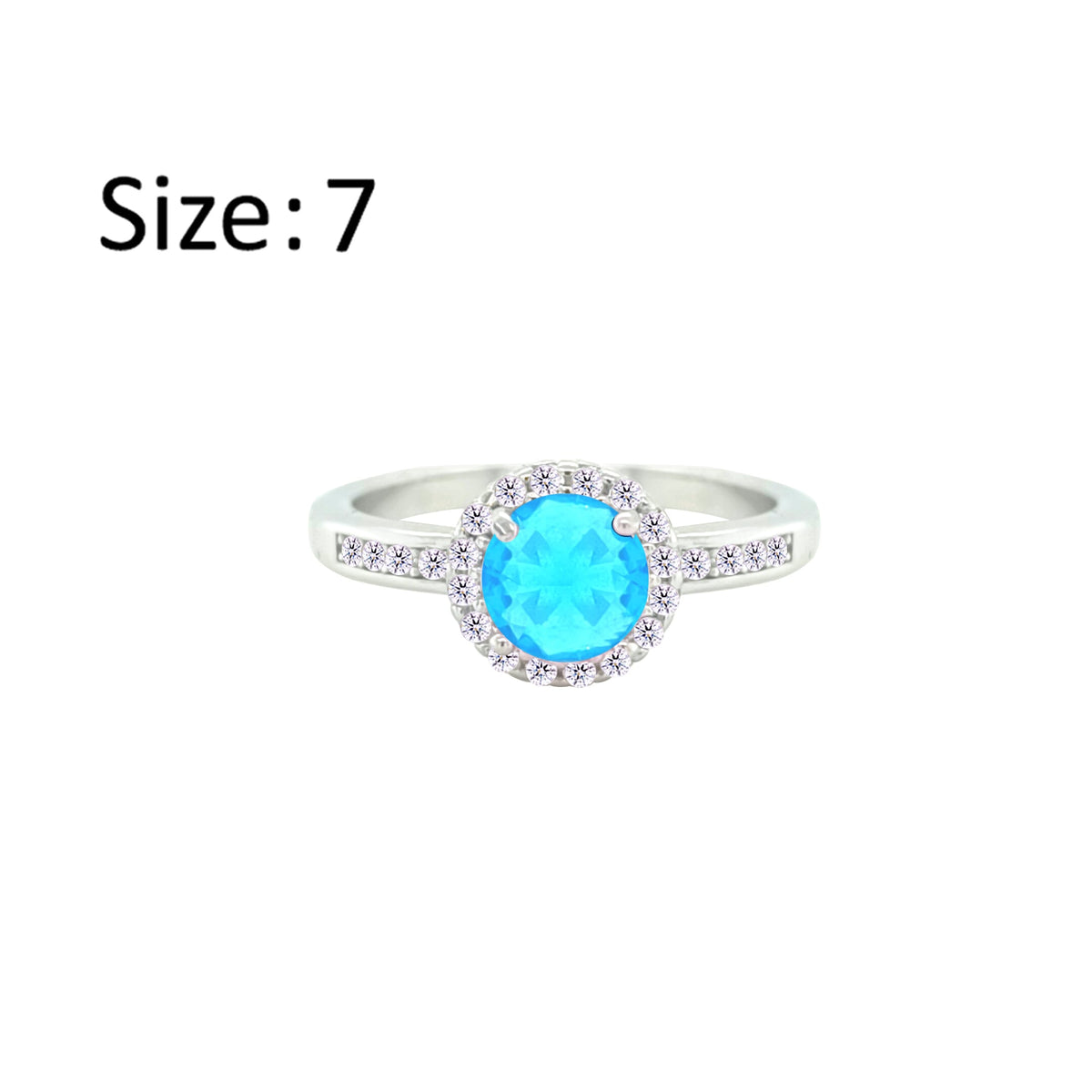 Asfour Crystal Drew Ring With Halo Aquamarine Round Design In 925 Sterling Silver-RD0207-M-7