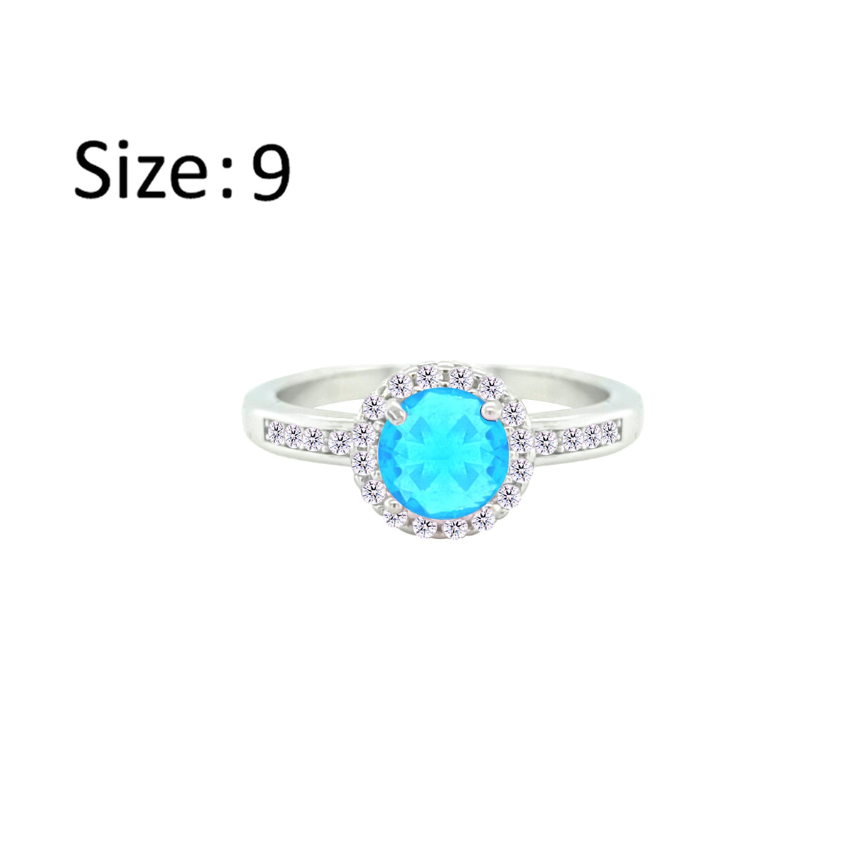 Asfour Crystal Drew Ring With Halo Aquamarine Round Design In 925 Sterling Silver-RD0207-M-9