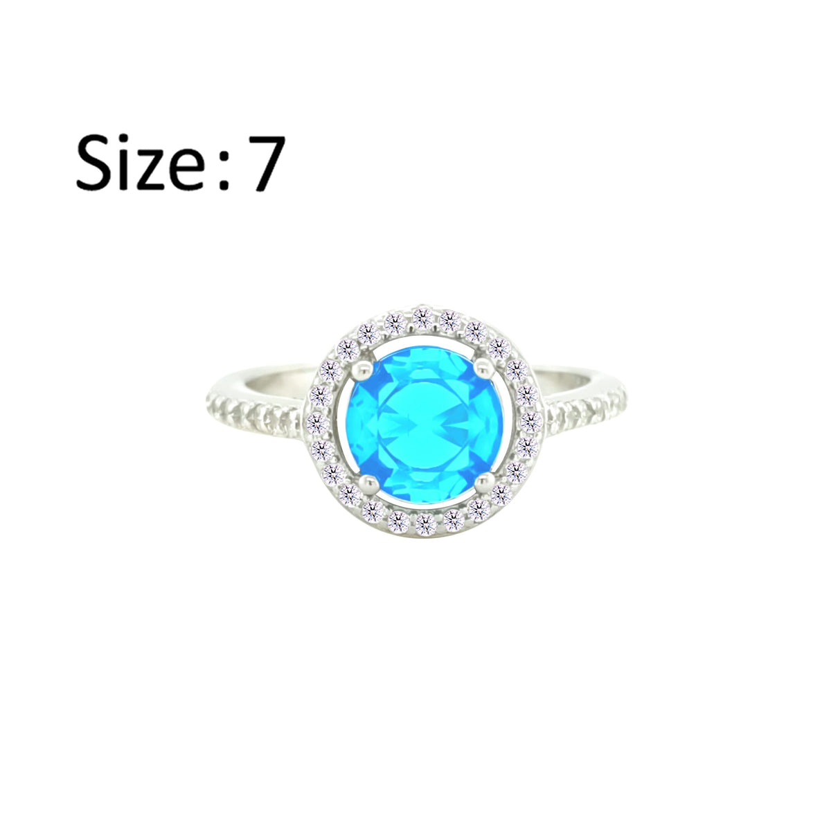Asfour Crystal Drew Ring With Halo Aquamarine Round Design In 925 Sterling Silver-RD0208-M-7