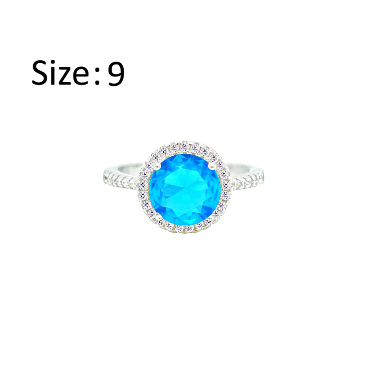 Asfour Crystal Drew Ring With Halo Aquamarine Round Design In 925 Sterling Silver-RD0209-M-9