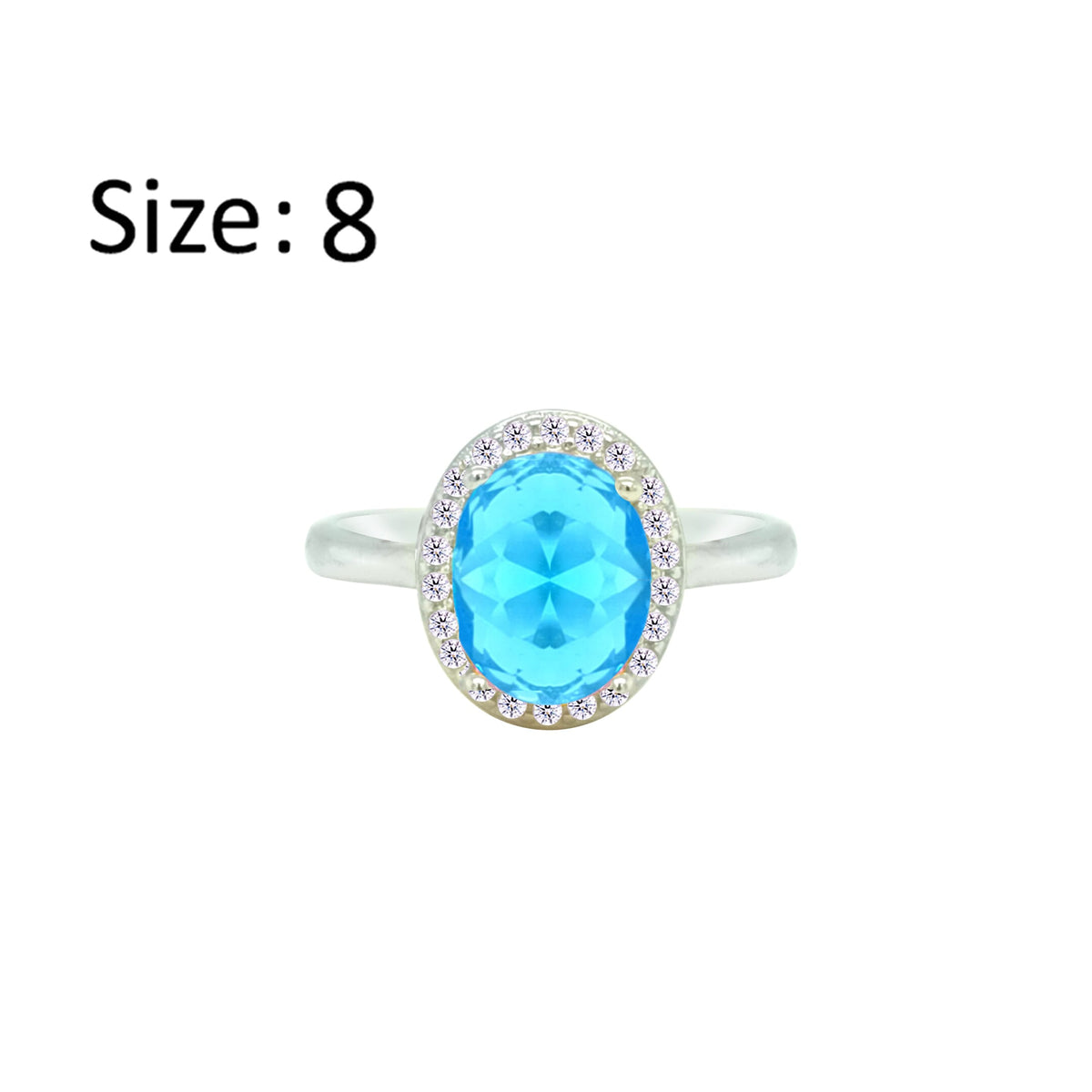 Asfour Crystal Drew Ring With Halo Aquamarine Oval Design In 925 Sterling Silver-RD0211-M-8