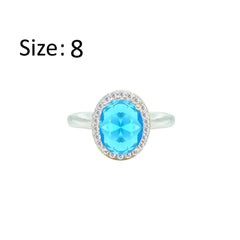Asfour Crystal Drew Ring With Halo Aquamarine Oval Design In 925 Sterling Silver-RD0211-M-8