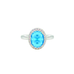 Asfour Crystal Drew Ring With Halo Aquamarine Oval Design In 925 Sterling Silver-RD0211-M-8