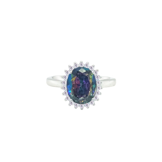 Asfour Crystal Drew Ring With Halo Multi Color Oval Design In 925 Sterling Silver-RD0212-AP-9