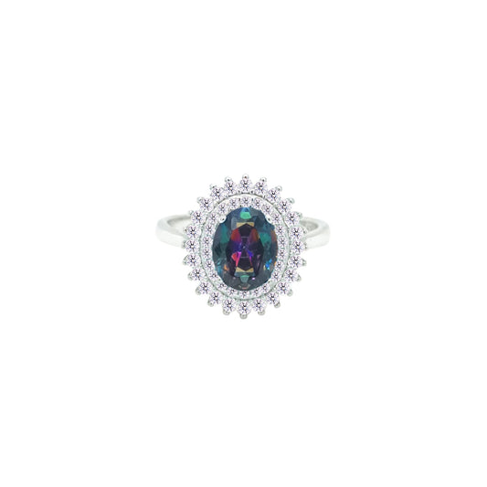 Asfour Crystal Drew Ring With Halo Multi Color Oval Design In 925 Sterling Silver-RD0213-WAP-7