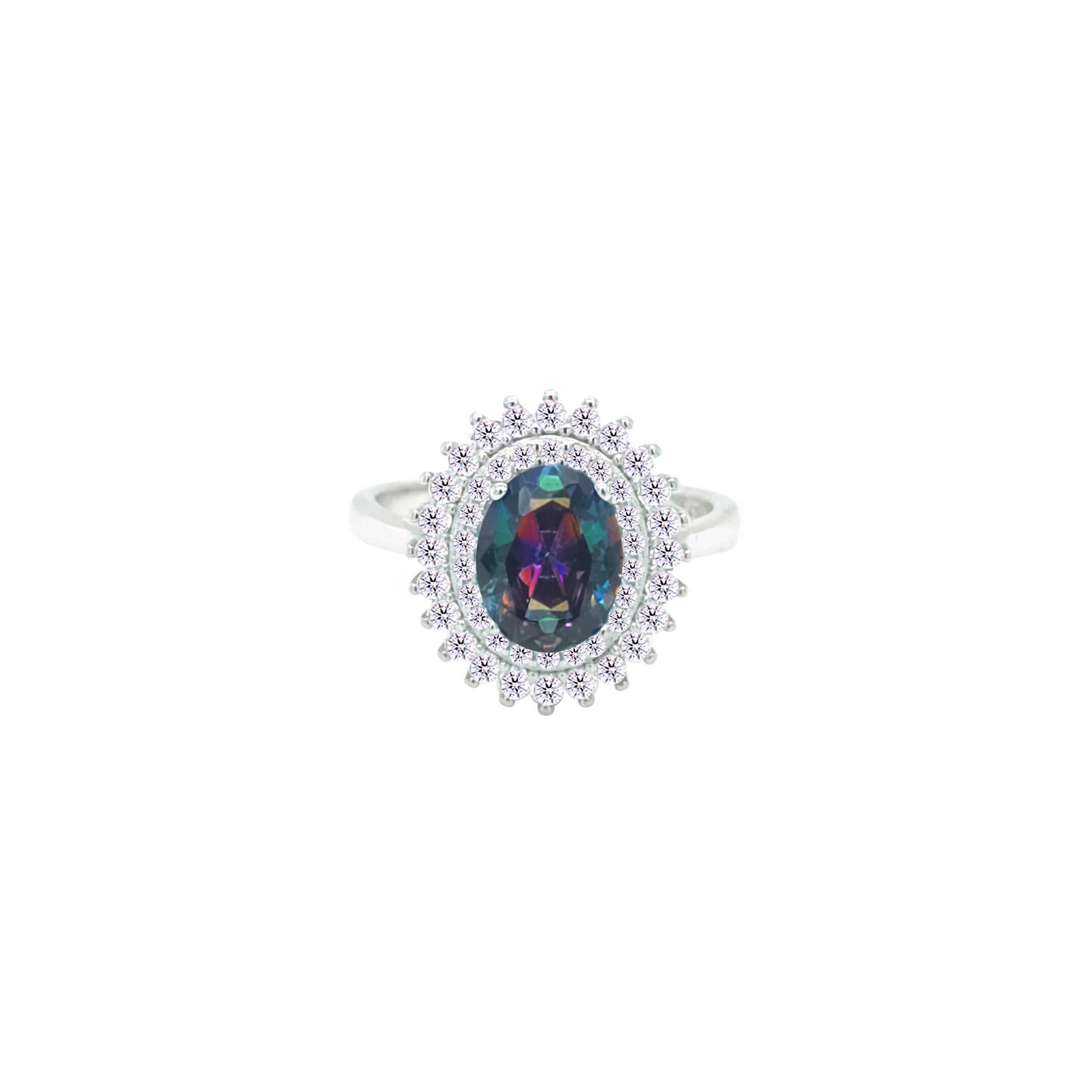 Asfour Crystal Drew Ring With Halo Multi Color Oval Design In 925 Sterling Silver-RD0213-WAP-9