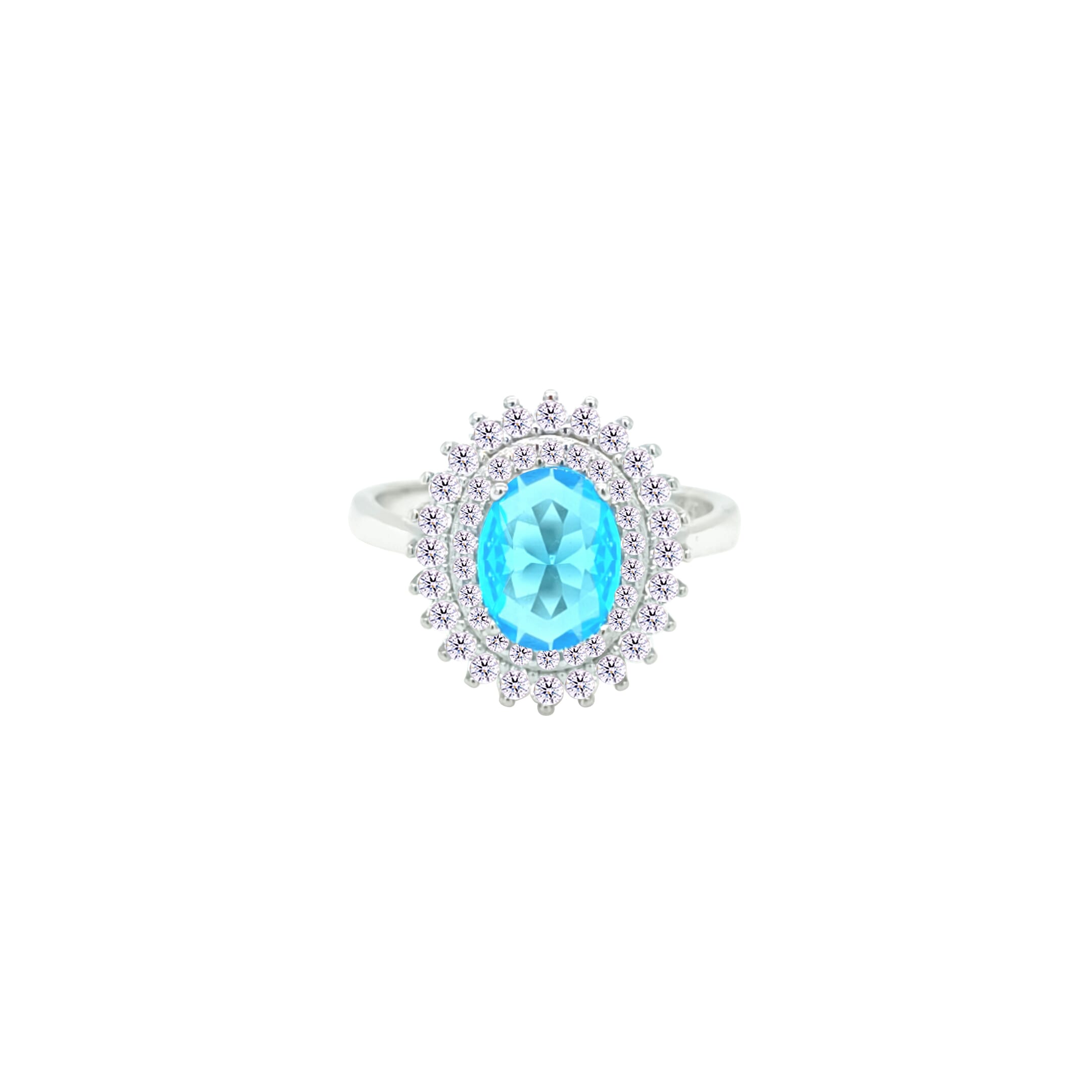 Asfour Crystal Drew Ring With Halo Aquamarine Oval Design In 925 Sterling Silver-RD0213-WM-7