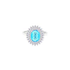 Asfour Creations Drew Ring With Halo Aquamarine Oval Design In 925 Sterling Silver – Size 8 – RD0213-WM-8