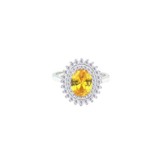 Asfour Crystal Drew Ring With Halo Yellow Oval Design In 925 Sterling Silver-RD0213-WY-7