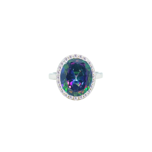 عصفور كريستال خاتم فضة عيار 925 بتصميم بيضاوي متعدد الالوان مرصع بالزركون - RD0214-AP-9