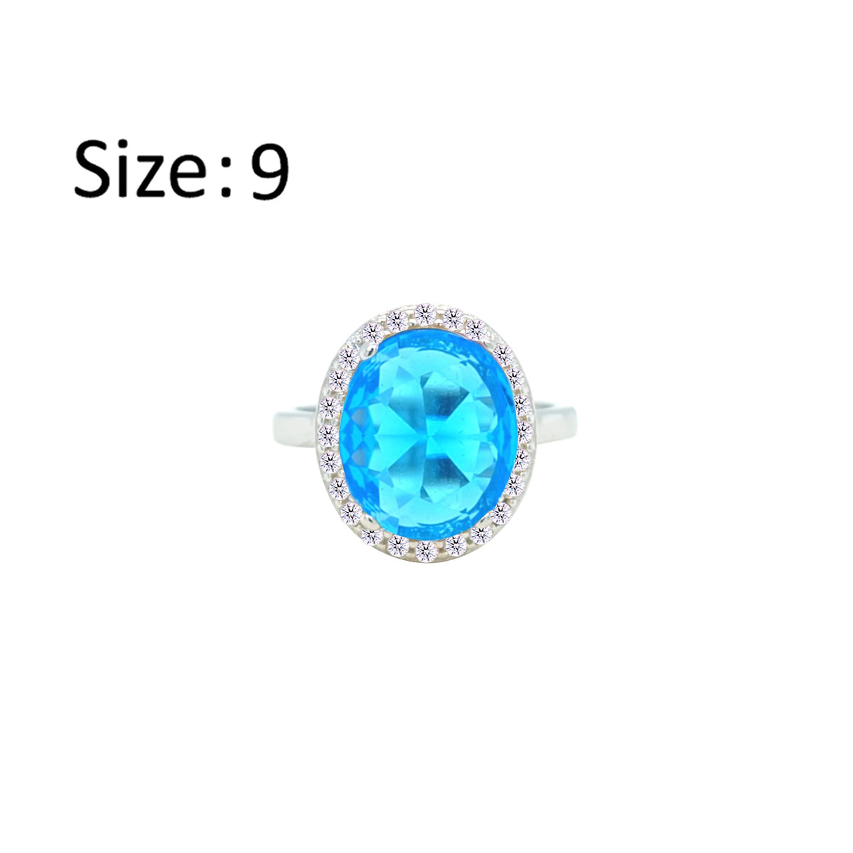 Asfour Crystal Drew Ring With Halo Aquamarine Oval Design In 925 Sterling Silver-RD0214-M-9