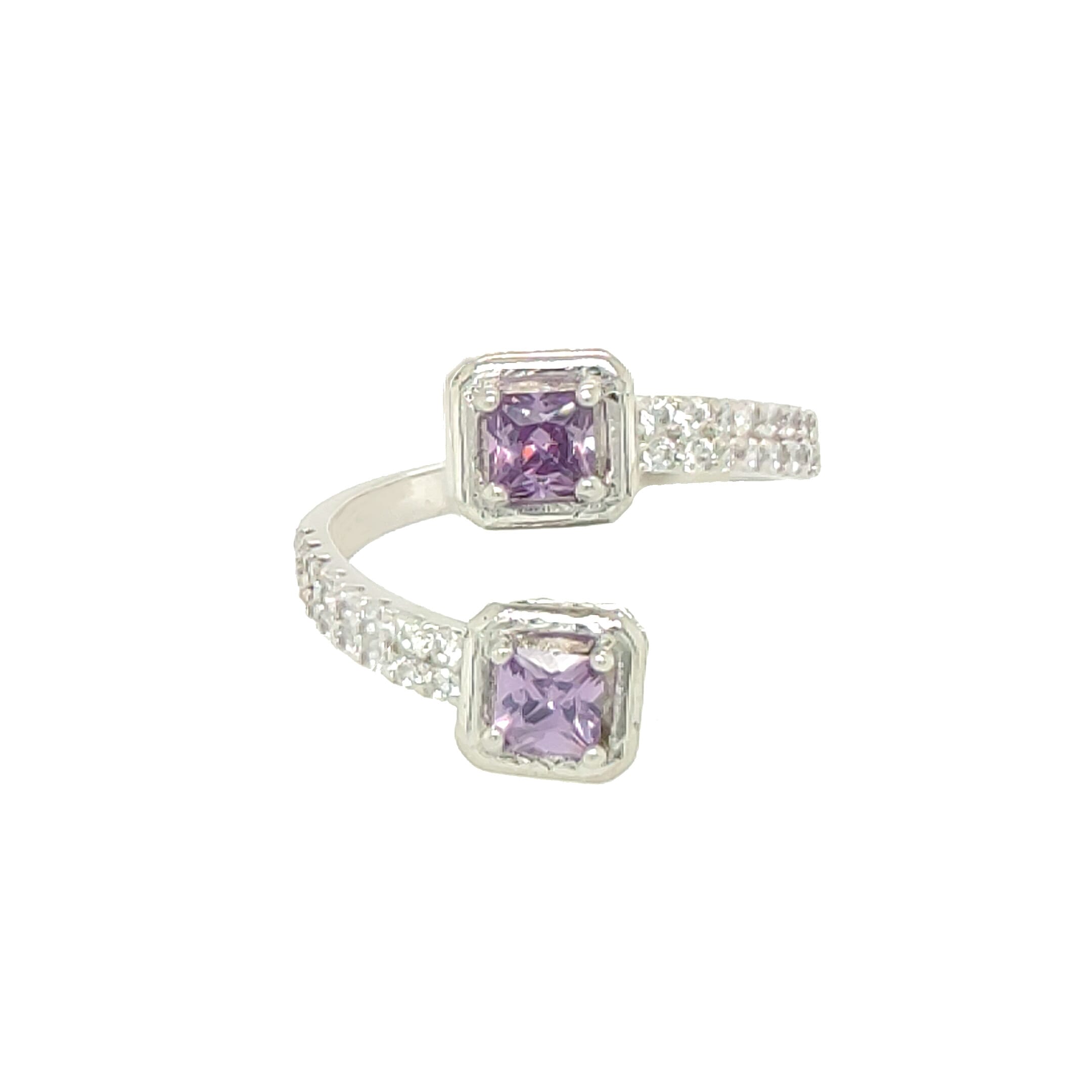 Asfour Crystal 925 Silver Two Square Shapes With Tanzanite Crystal Lobes Ring - Silver