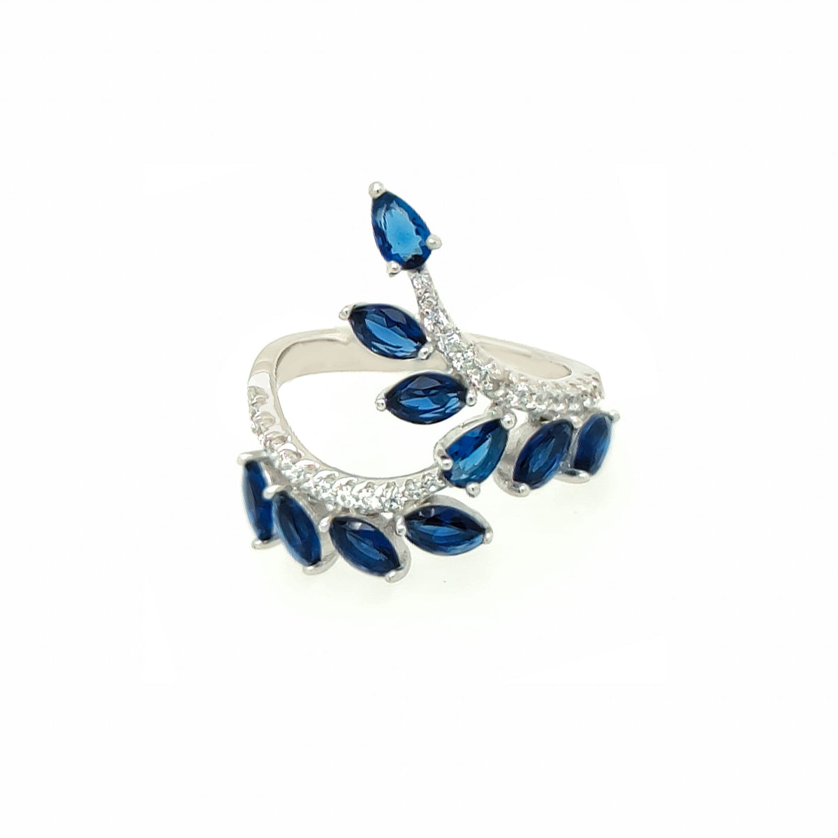 Asfour Crystal 925 Silver Leaves Shape With Blue & Clear Crystal Lobes Ring - Silver  Size 8