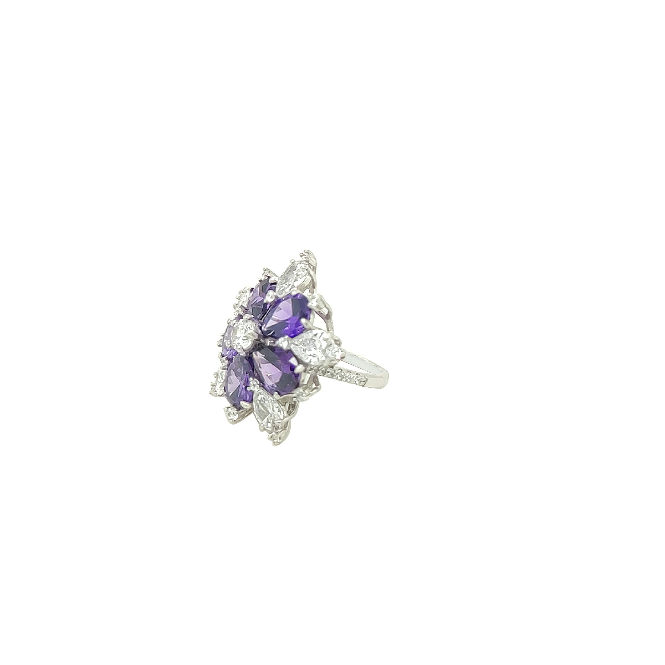 Asfour Crystal 925 Silver Heart Ring With Transparent & Tanzanite Zircon Lobes - Silver - Size 9