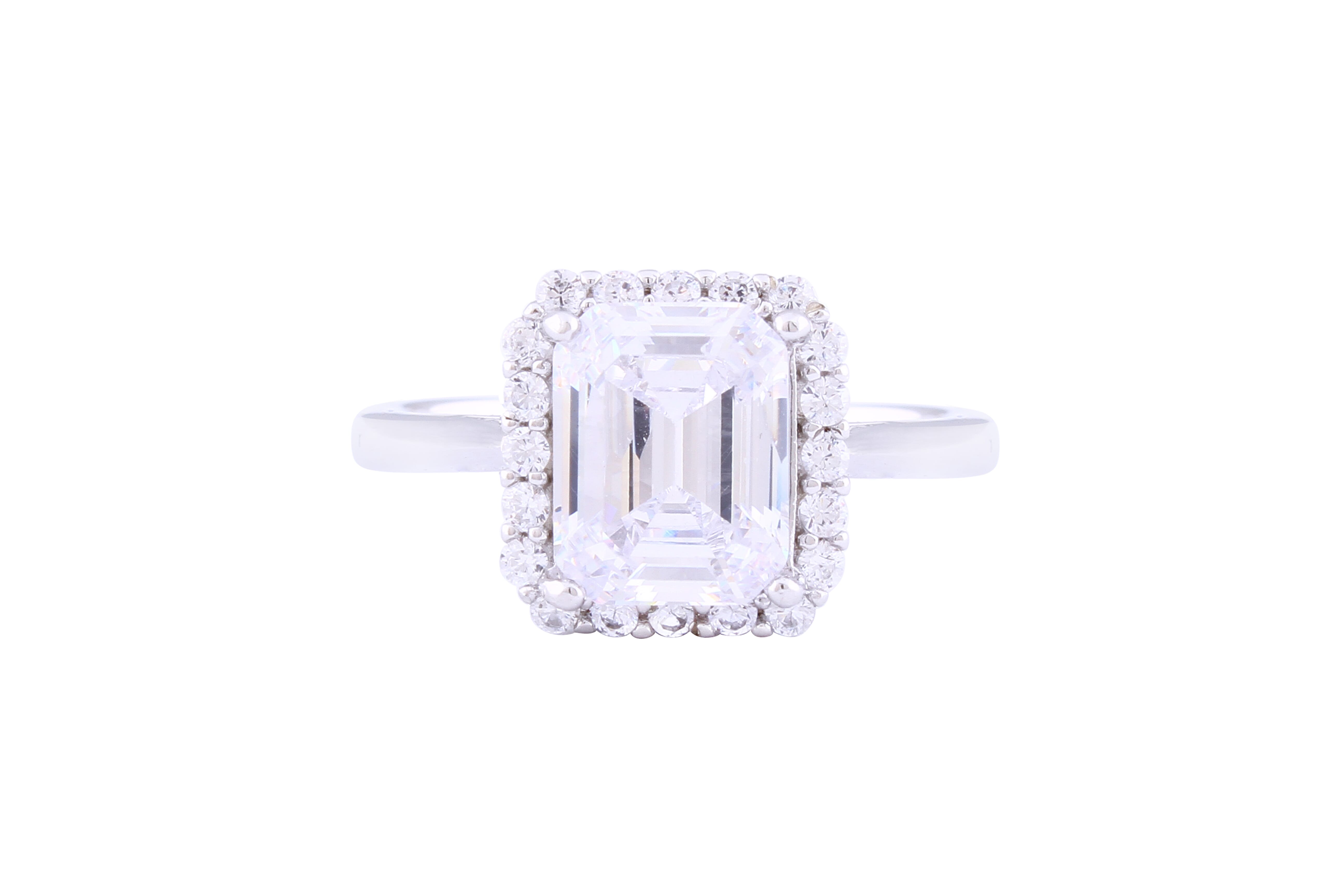 Asfour Crystal Halo Ring Inlaid With Emerald Cut Zircon Stone In 925 Sterling Silver RM0004-7