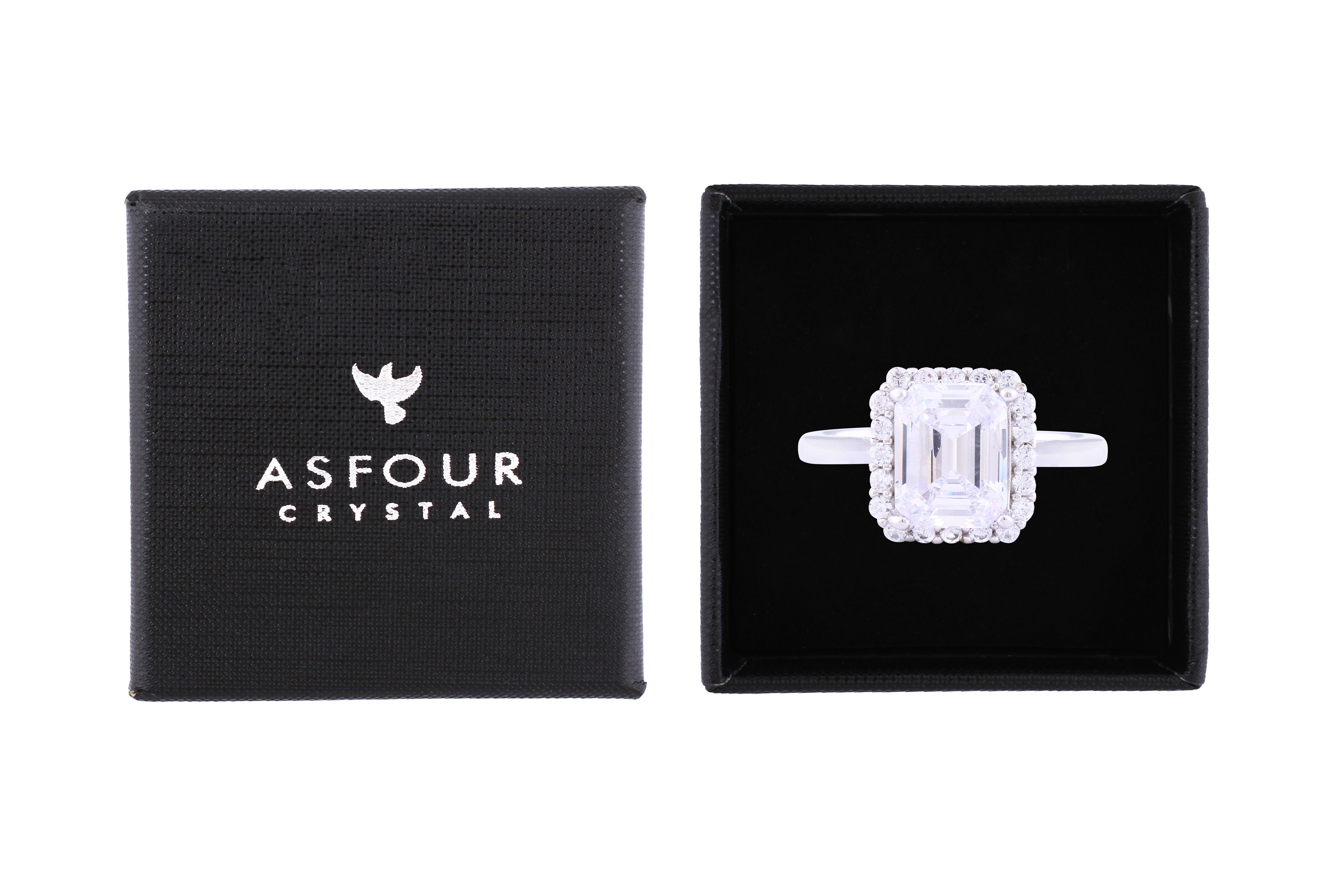 Asfour Crystal Halo Ring Inlaid With Emerald Cut Zircon Stone In 925 Sterling Silver RM0004-7