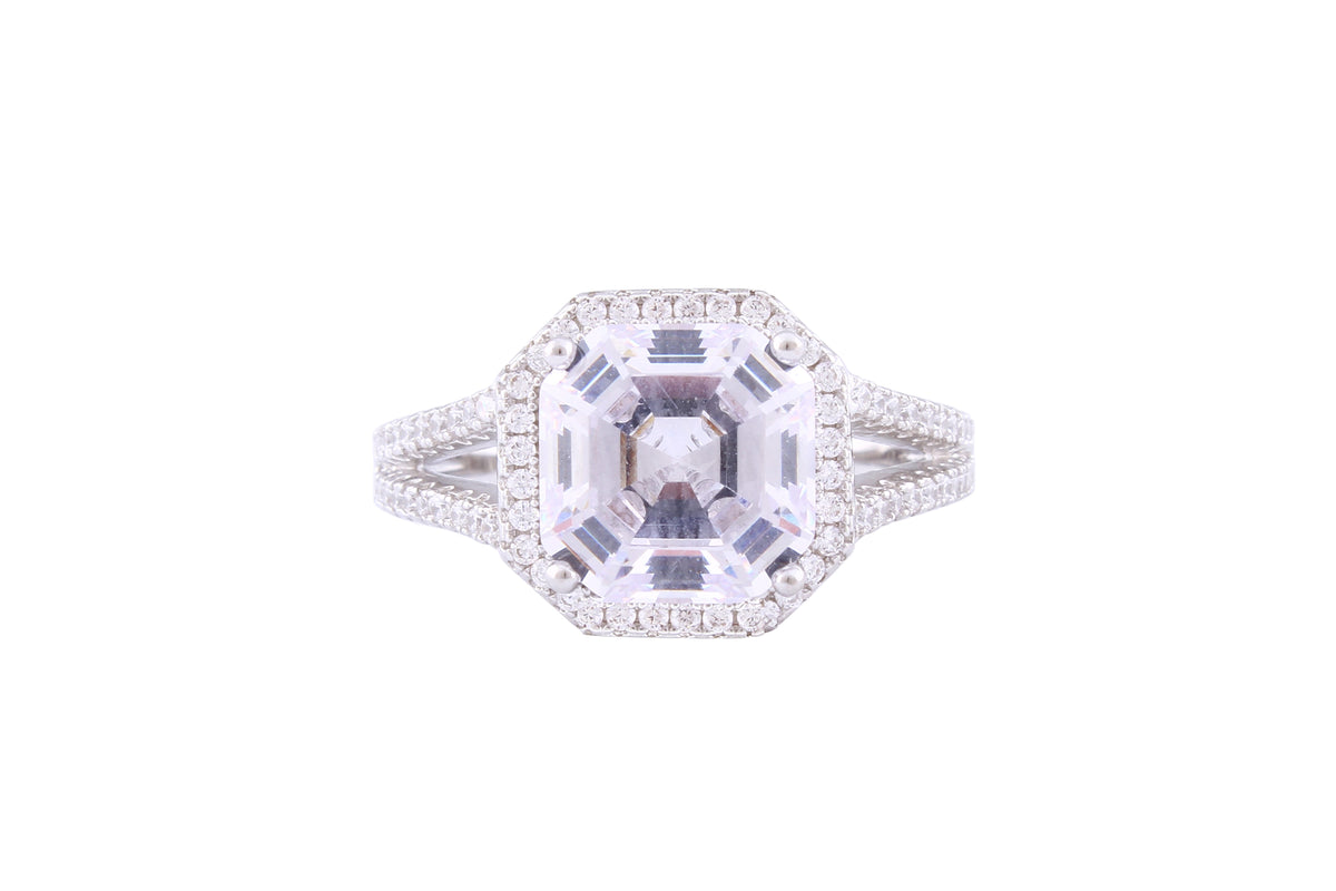 Asfour Crystal Halo Ring Inlaid With Asscher Cut Zircon Stone In 925 Sterling Silver RM0006-7