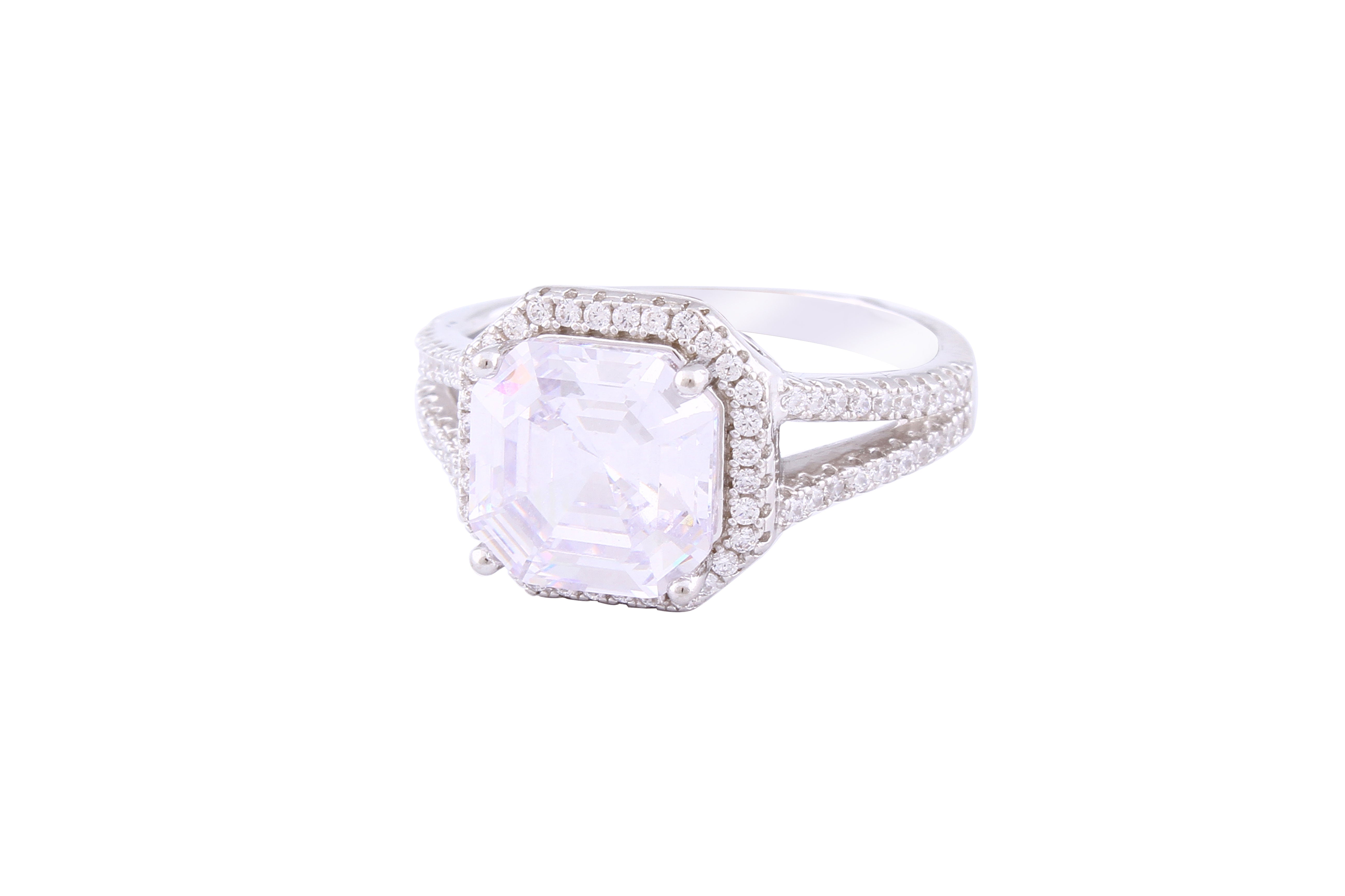 Asfour Crystal Halo Ring Inlaid With Asscher Cut Zircon Stone In 925 Sterling Silver RM0006-7