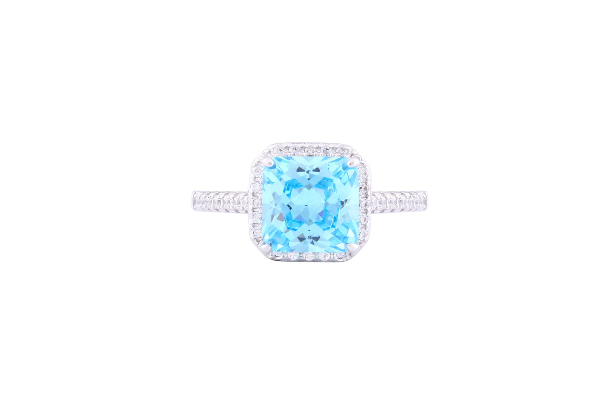 Asfour Crystal Drew Ring With Clear & Aquamarine Zircon Stone In 925 Sterling Silver RM0007-M-7