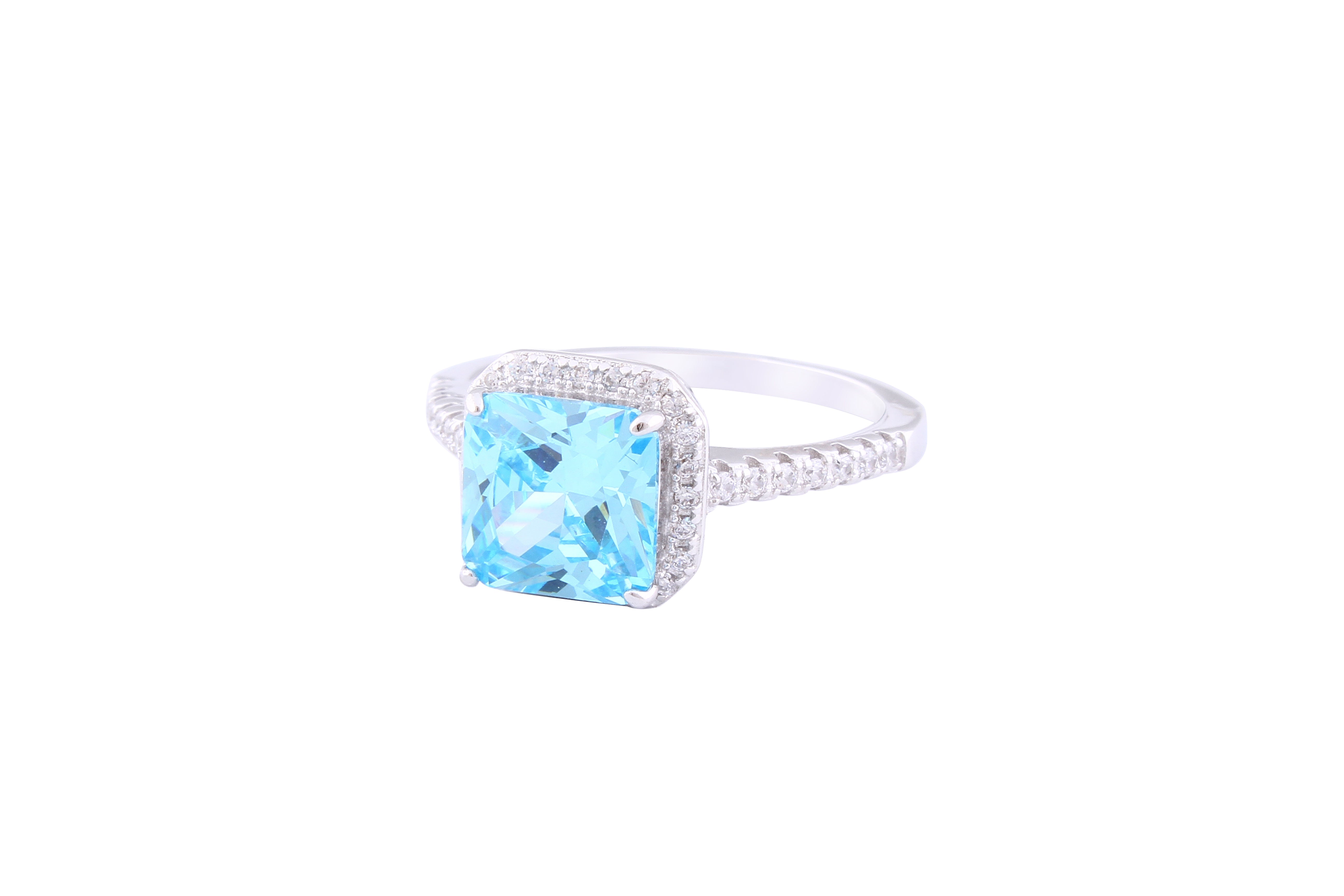 Asfour Crystal Drew Ring With Clear & Aquamarine Zircon Stone In 925 Sterling Silver RM0007-M-7