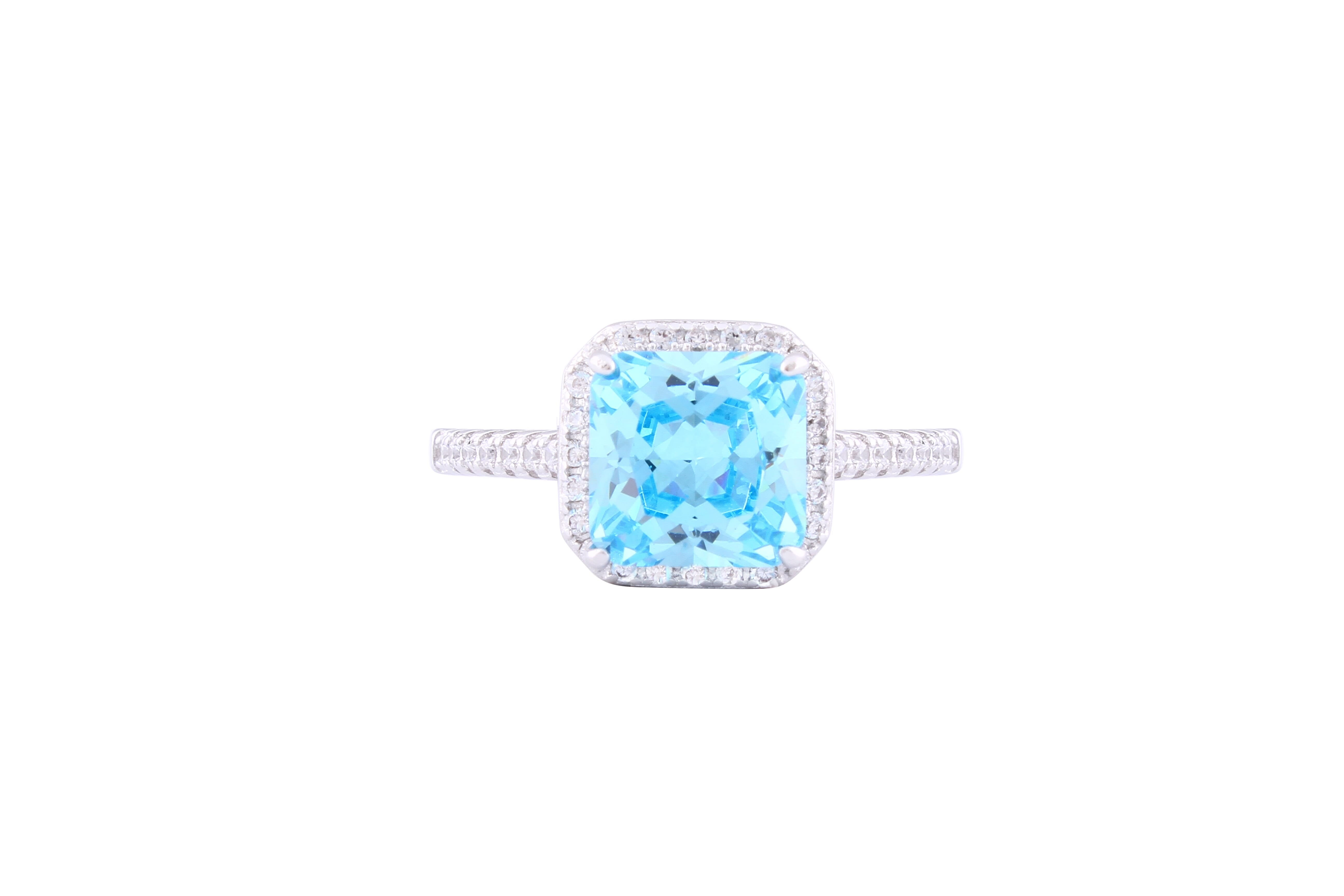 Asfour Crystal Drew Ring With Clear & Aquamarine Zircon Stone In 925 Sterling Silver RM0007-M-8