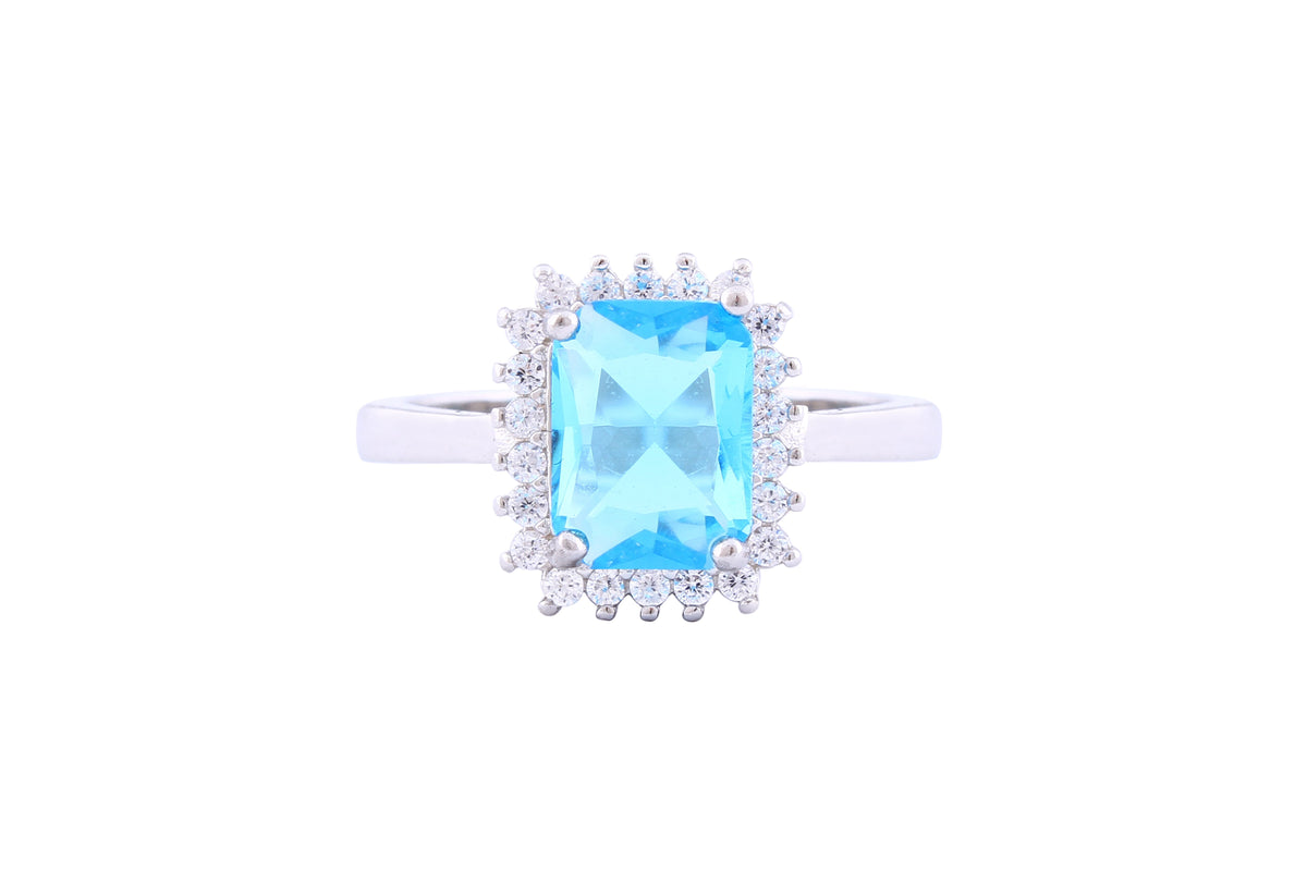 Asfour Crystal Drew Ring With Emerald Cut Aquamarine Zircon In 925 Sterling Silver RM0008-M-7