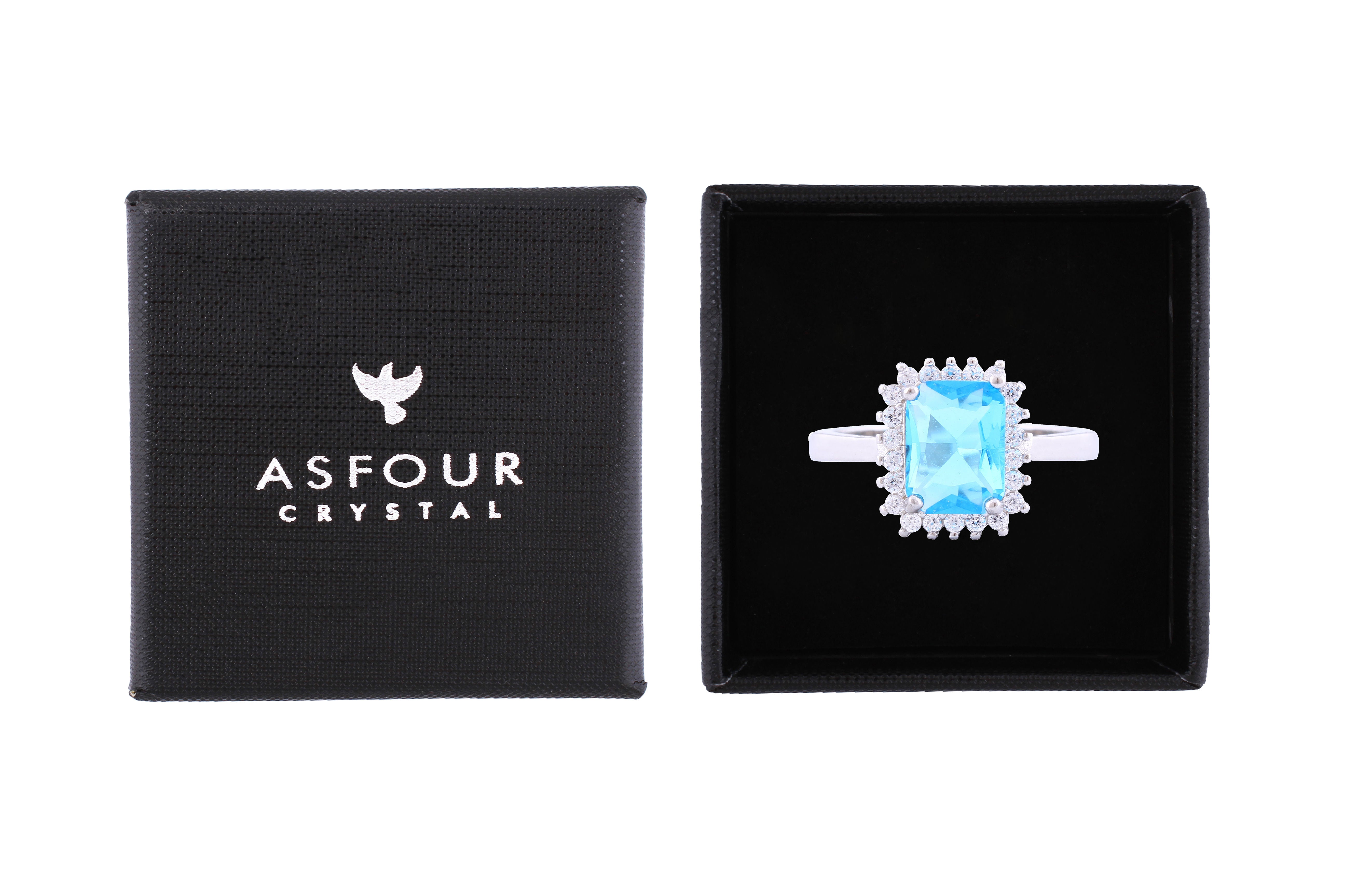 Asfour Crystal Drew Ring With Emerald Cut Aquamarine Zircon In 925 Sterling Silver RM0008-M-8