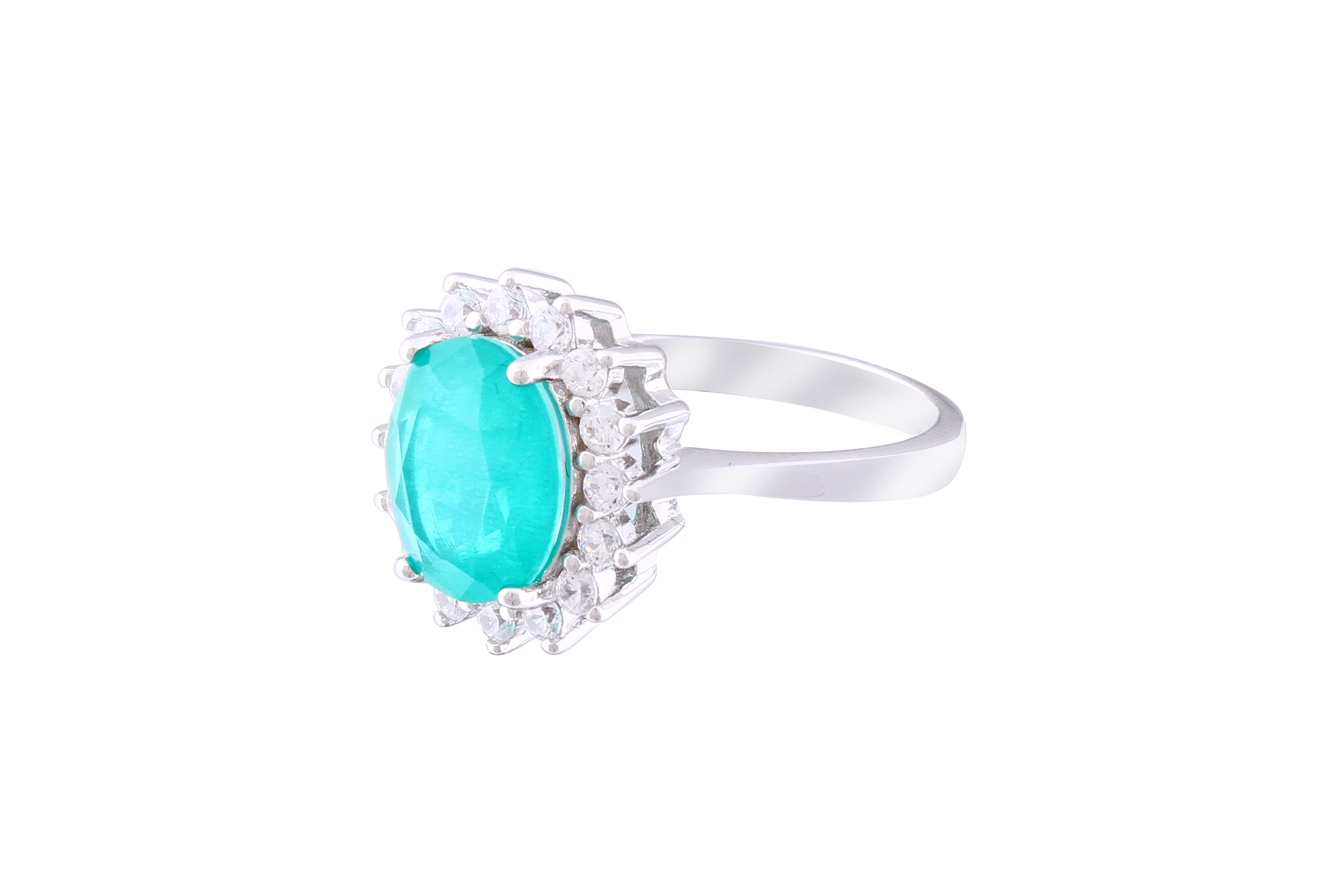 Asfour Crystal Halo Ring With Oval Cut Emerald Zircon Stone In 925 Sterling Silver RM0009-G-7