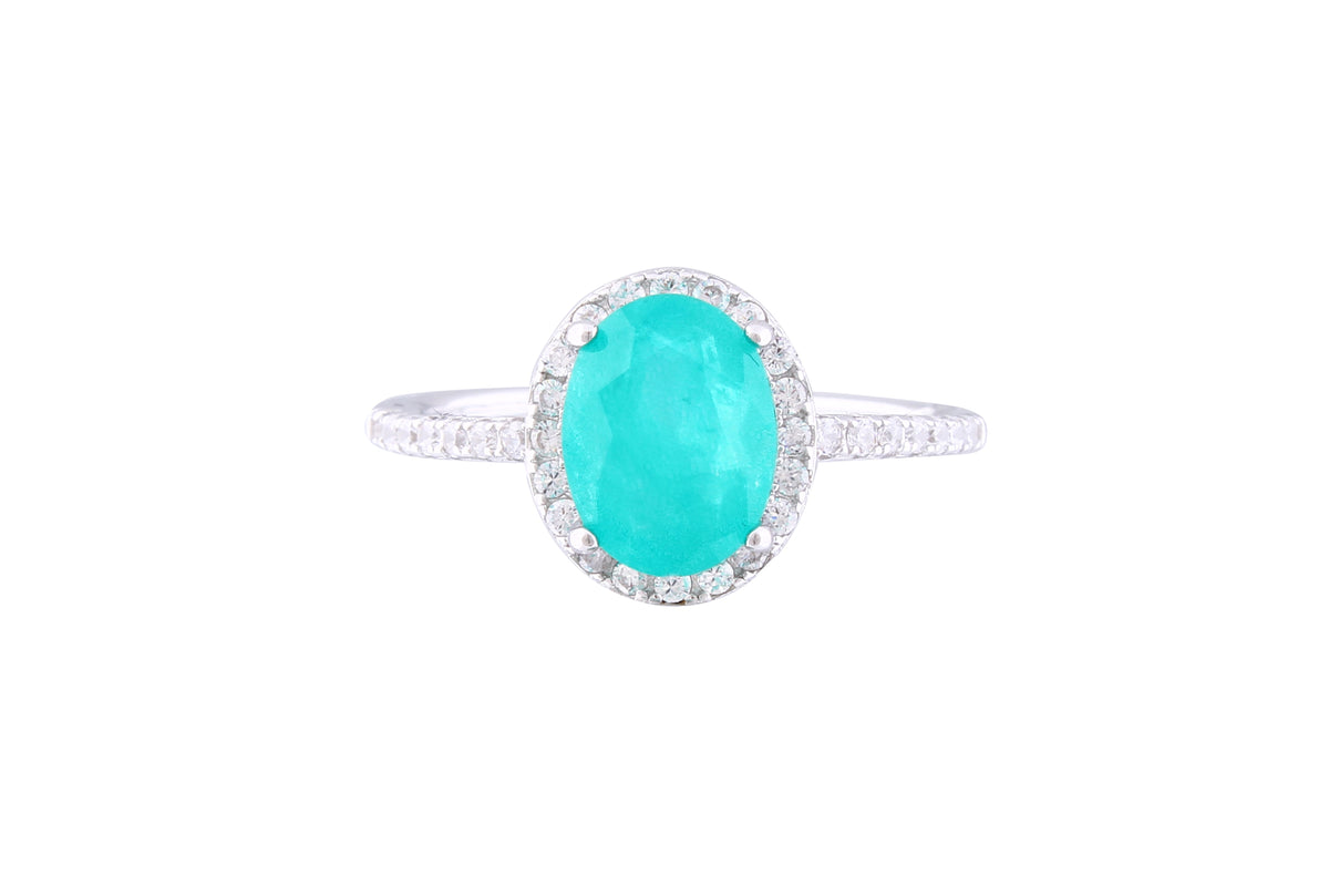 Asfour Crystal Halo Ring With Oval Cut Emerald Zircon Stone In 925 Sterling Silver RM0010-G-7