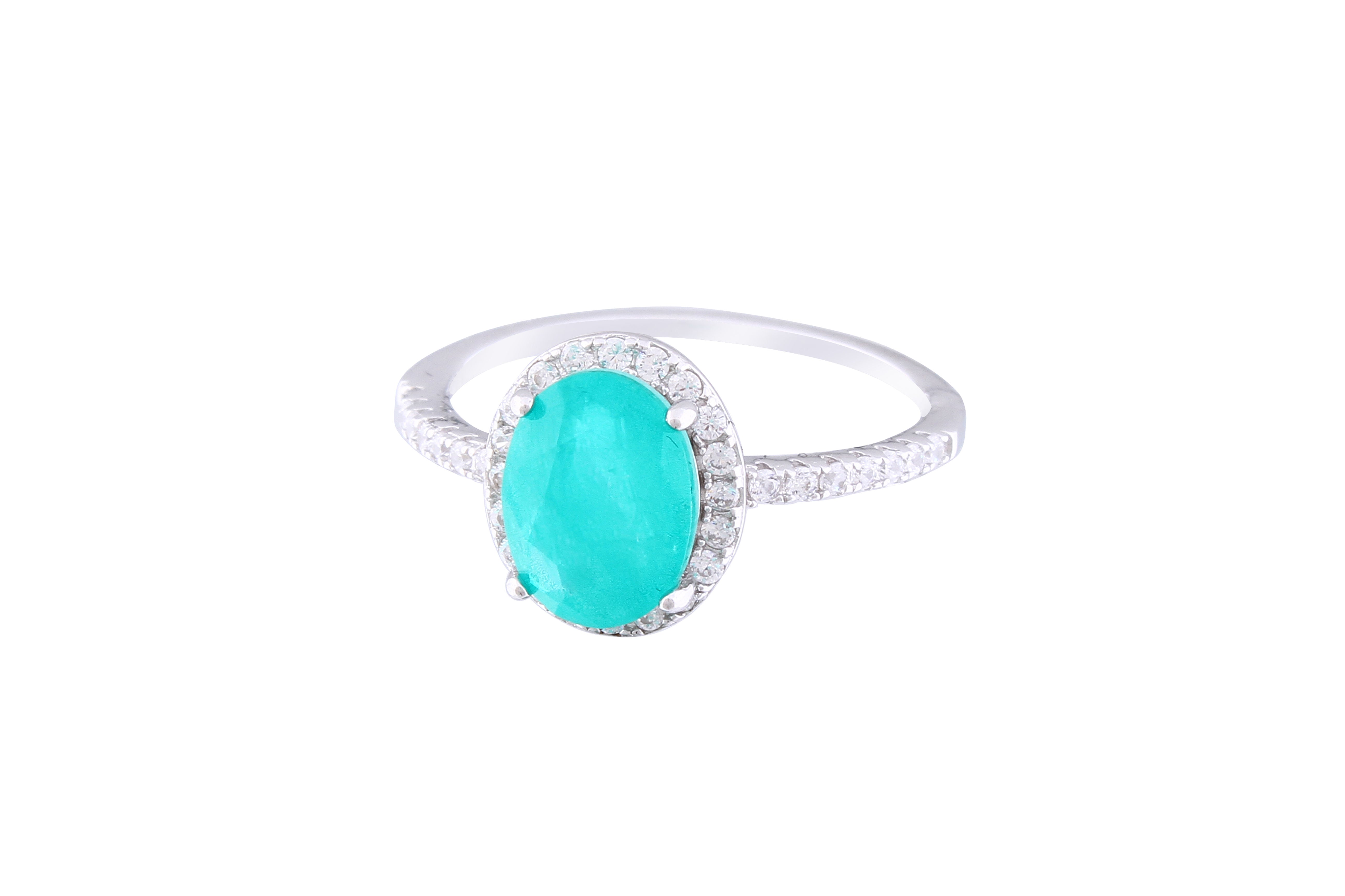 Asfour Crystal Halo Ring With Oval Cut Emerald Zircon Stone In 925 Sterling Silver RM0010-G-7