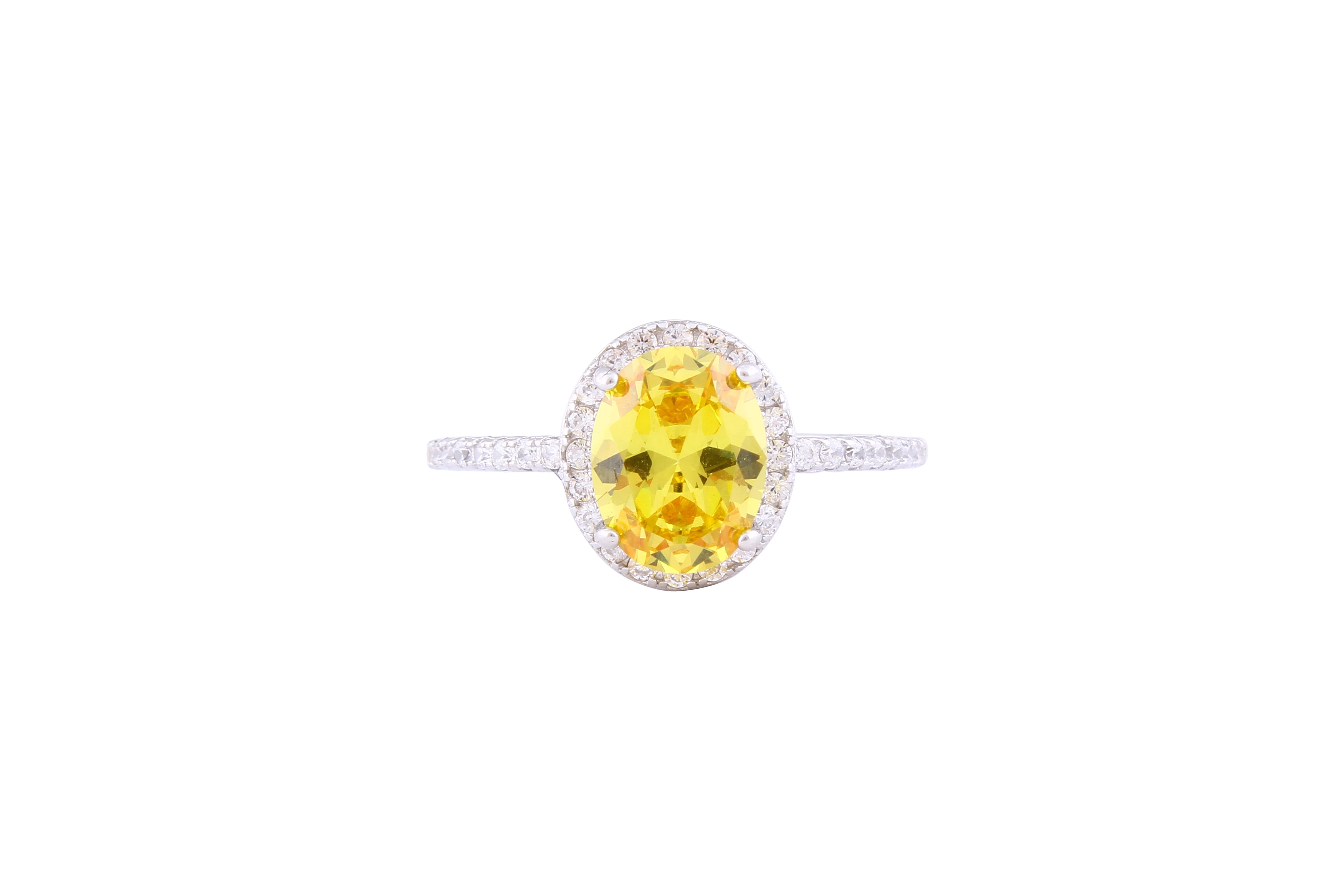 Asfour Crystal Halo Ring With Oval Cut Yellow Zircon Stone In 925 Sterling Silver RM0010-Y-9